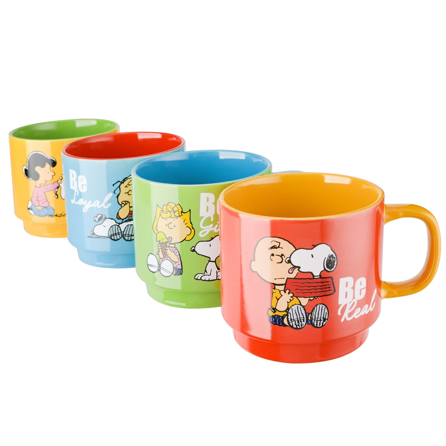 Peanuts Snoopy Gentle Reminders 15oz Stackable Mugs w/Metal Rack, Stoneware, 4-Pack, Assorted Colors
