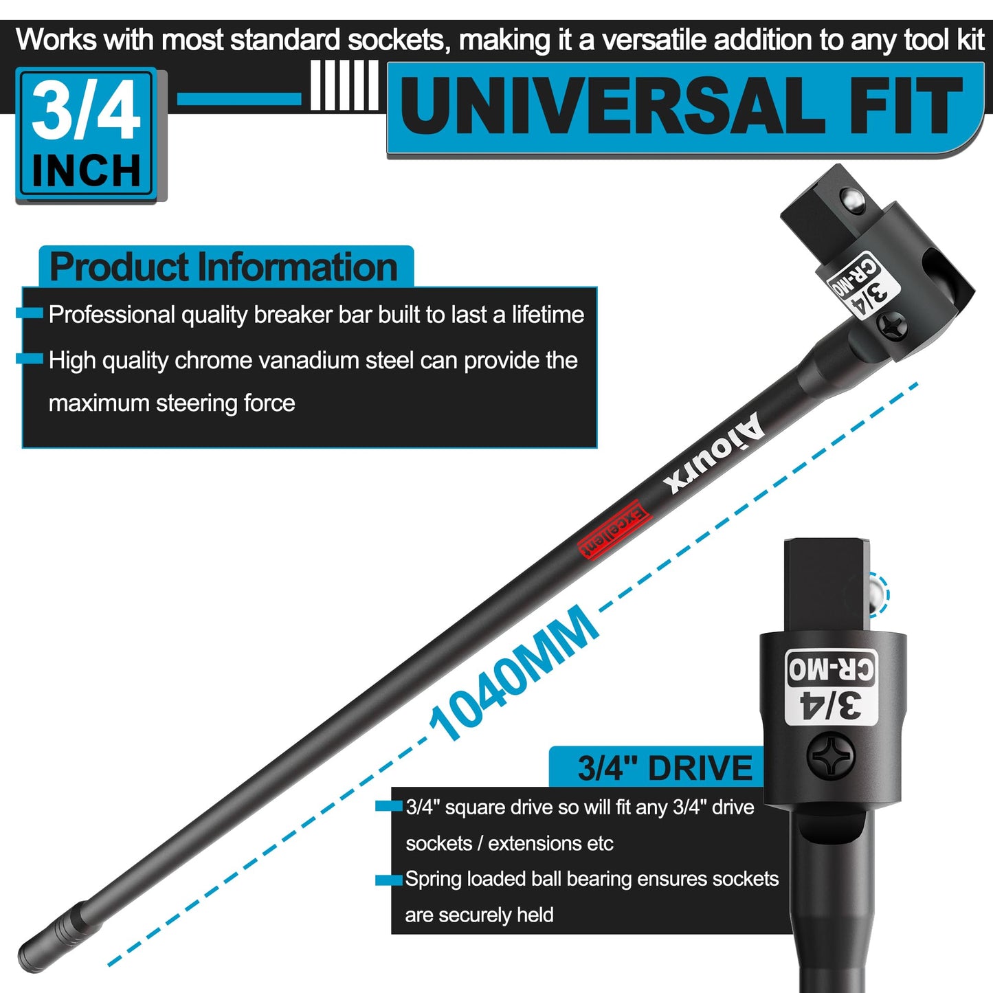 Aiourx 3/4” Drive 41 Inch Breaker Bar, Heavy Duty Head, Premium Chromium-Molybdenum Steel, Laser Etched Marking, for Vehicle Maintenance and Repair, DIY Processing Manufacturing