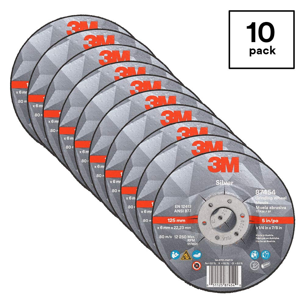 3M Silver Depressed Center Grinding Wheel, 87454, T27, 5 in x 1/4 in x 7/8 in, Pack of 10, Deburring Edges, Heavy Stock Removal, Stainless Steel, Mild Steel, Right Angle Grinding