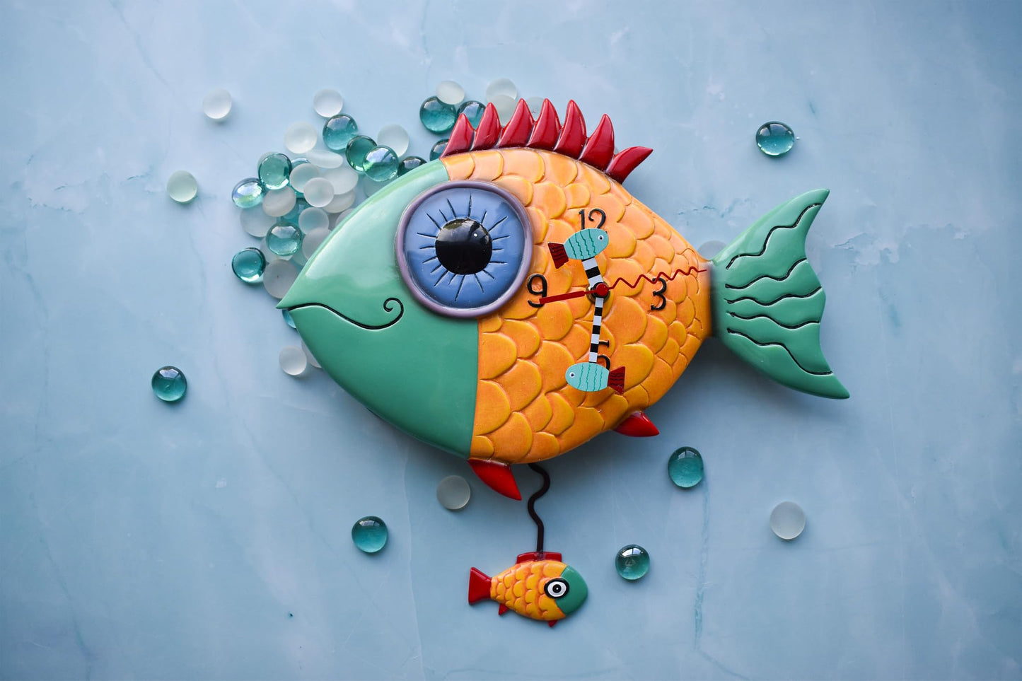 Allen Designs Enesco Wide-Eyed Fishy Sculpted Pendulum Wall Clock, 13.5 Inch, Multicolor