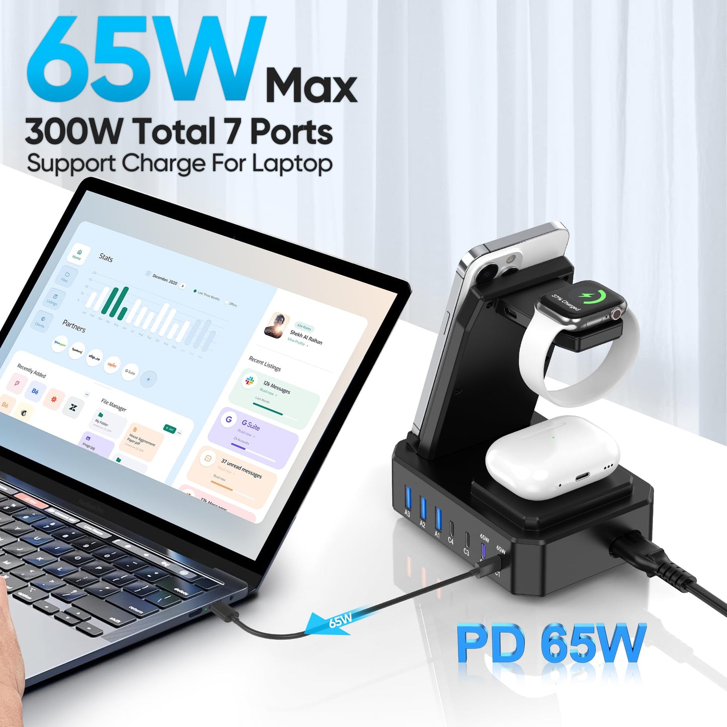 300W Charging Station for Multiple Devices Apple,10 in 1 Wireless Charger for iPhone,GaN III USB C 65W PD Fast Charging Stand Dock for MacBook,Apple Watch&Airpods (Wireless Charging Only for Apple)