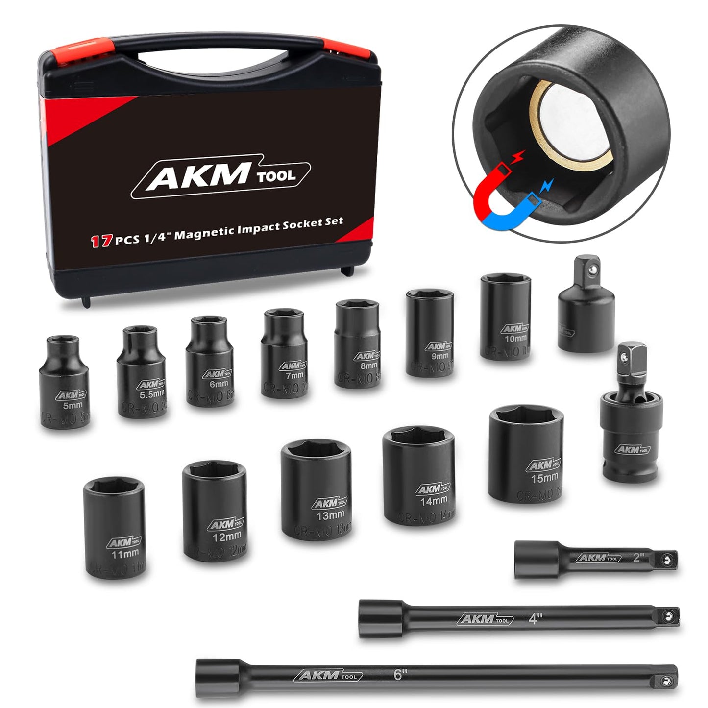 AKM TOOL 1/4 Inch Drive Magnetic Impact Socket Set, 17-Piece Metric, 5mm-15mm, 6 Point, Cr-Mo, Square Drive, Magnetic Socket with Impact Socket Adapter, Universal Joint & Extension