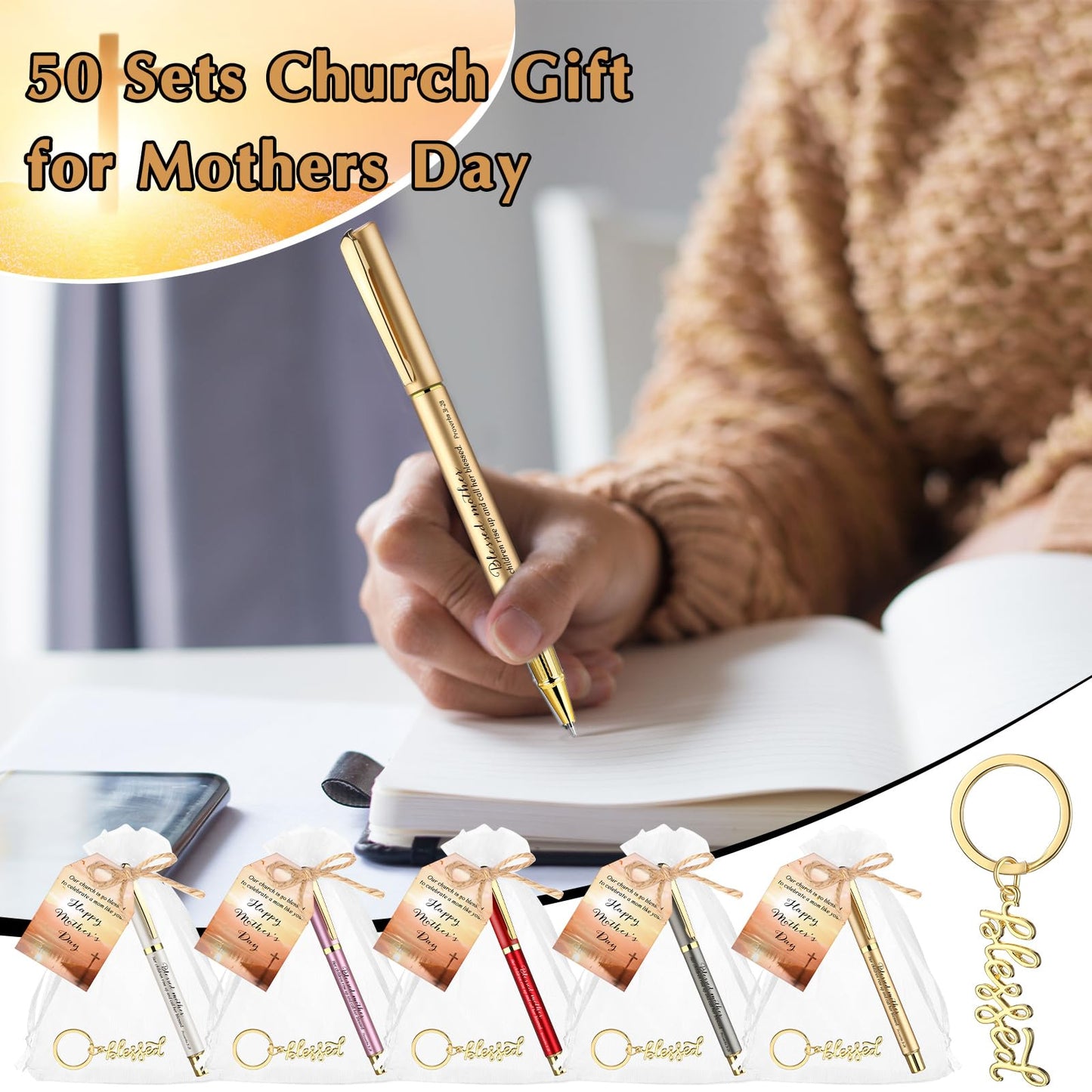 Spakon 50 Sets Church Gift Bulk for Mothers Day Blessed Bible Verse Ballpoint Pens Keychain Christian Cross Happy Mother's Day Tag