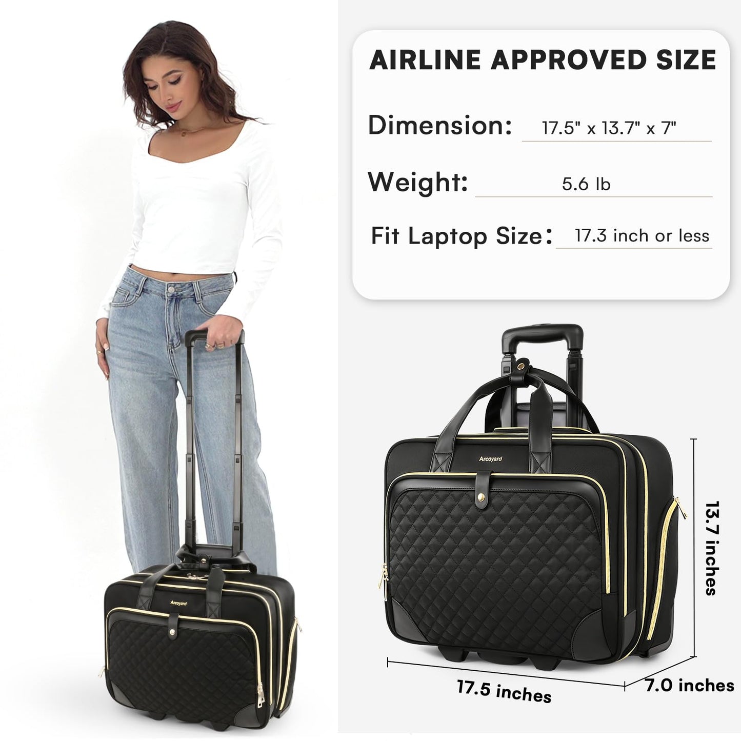 Arcoyard Rolling Laptop Bag Women, Rolling Briefcase for Women with Waterproof Pocket, 17.3 Inch Computer Bag, Underseat Carry On Luggage with Wheels for Work Travel Business, Lightweight Black