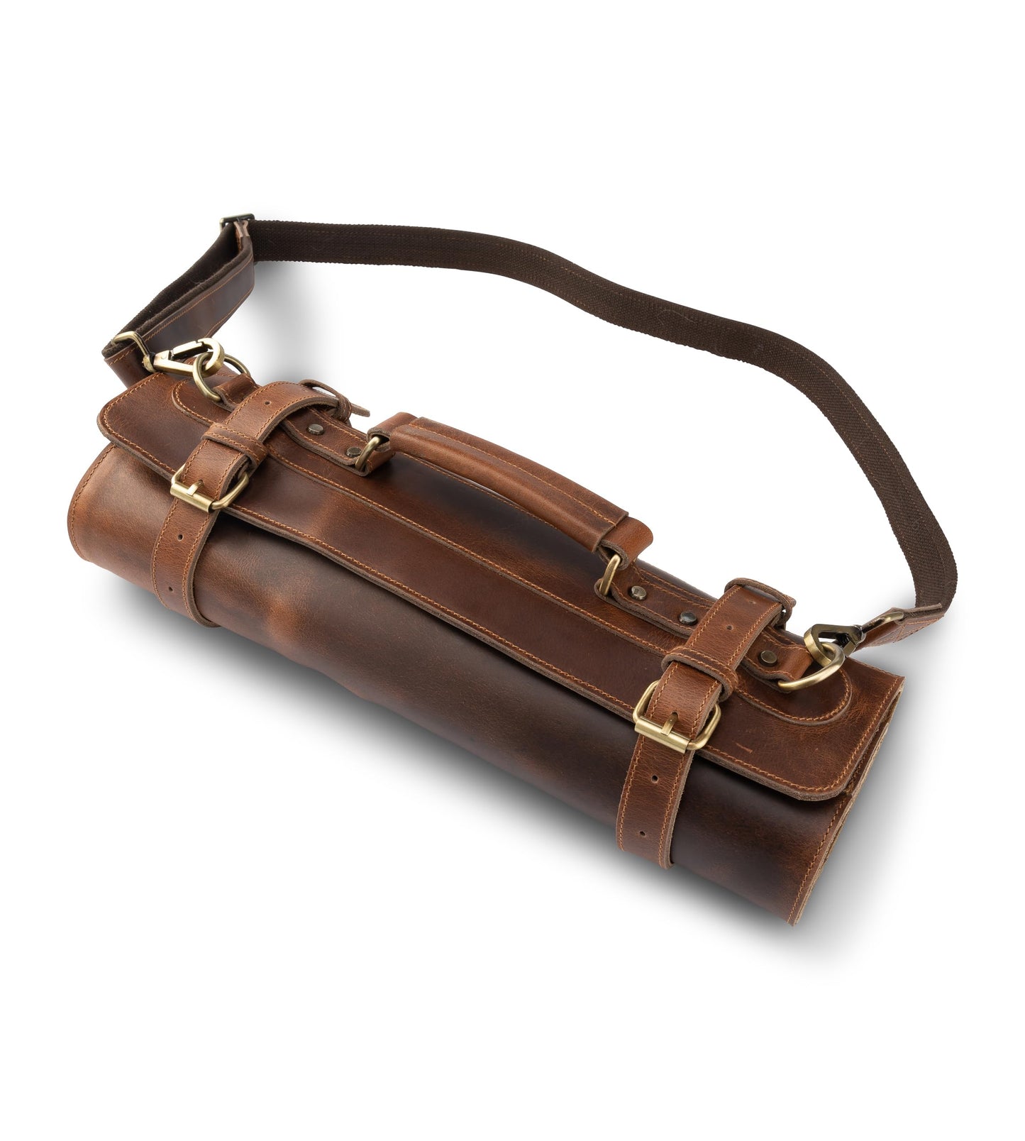 Angus Stoke premium leather knife roll storage bag XXL - 14 pockets, buffalo leather with shoulder strap, chef's knife bag case Rene (Walnut-Brown)