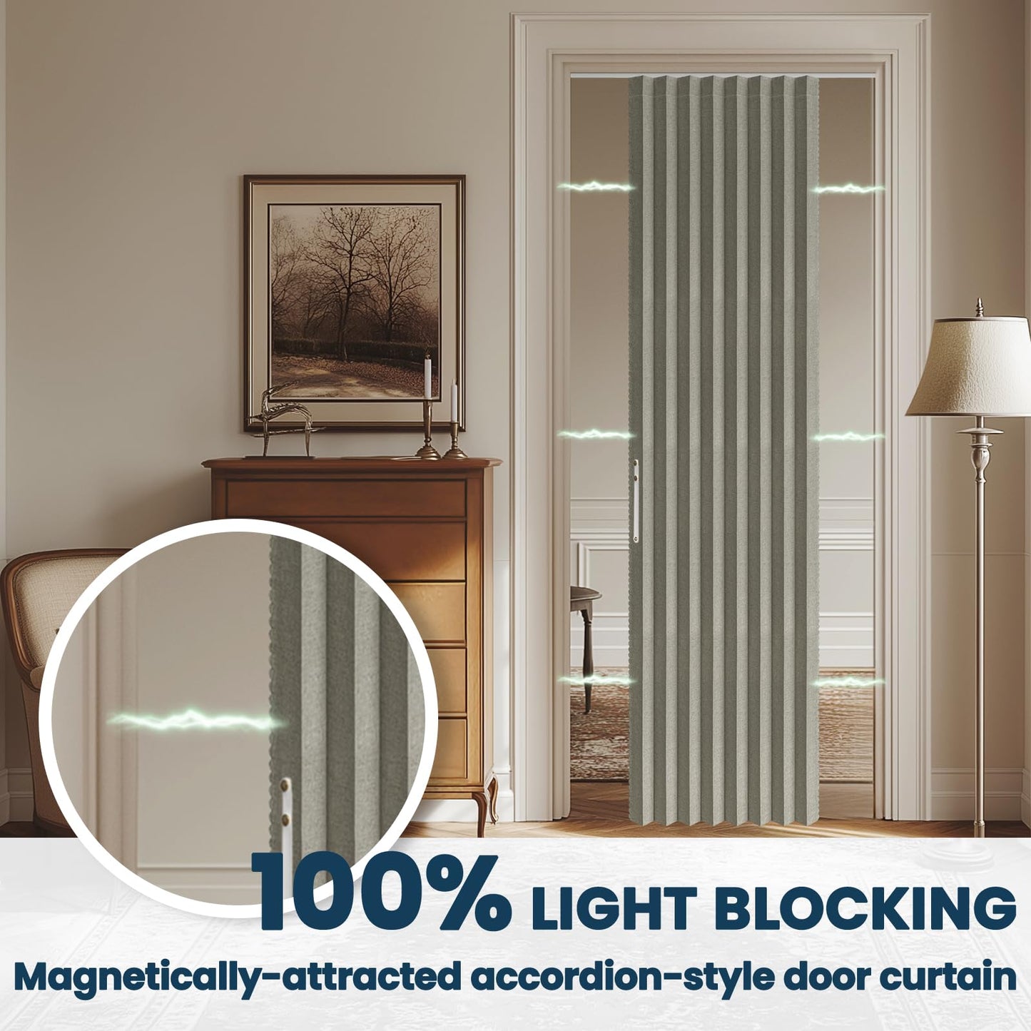AJAZZ 100% Blackout Magnetic Accordion Door Curtain - Invisible Folding Panel for Bedroom, Living Room, Doorway - Curtain Sets Includes Tracks (1 Panel, 43W x 79L, Grey)
