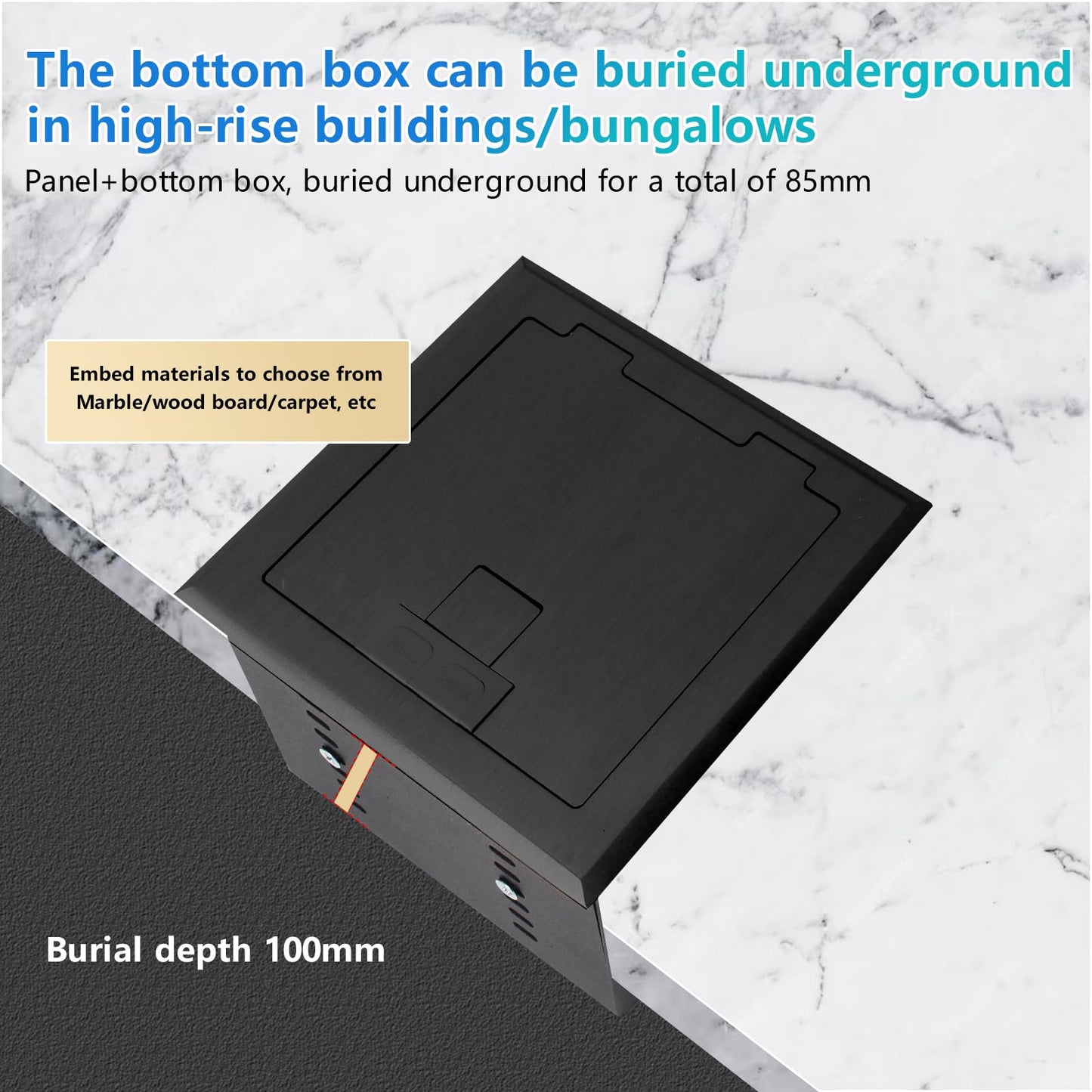 KYHSHJ Recessed Flat Hidden Socket Kit with 2 * 15A Receptacle,4.8A 1 USB-A Ports &1 USB-C Port+3-Port RJ45 Datacom Receptacle. Internal Height Adjustable,Corrosive Resistant Hardware,Black