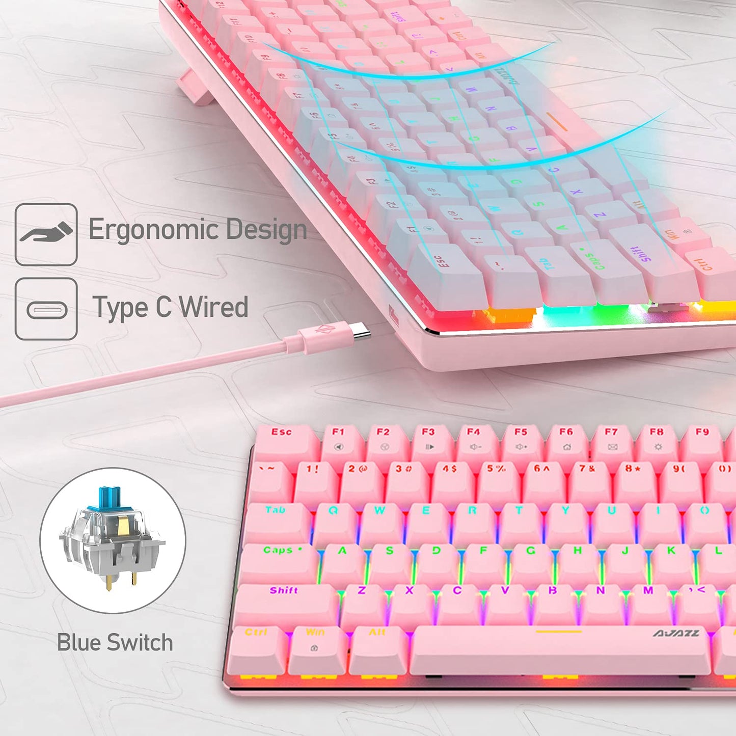 ZIYOU LANG Pink Gaming Keyboard and Mouse Combo,Rainbow LED Backlit Mechanical Keyboard,6400 DPI RGB Ultralight Gaming Mouse,Pink Mouse Bungee,for Game and Office