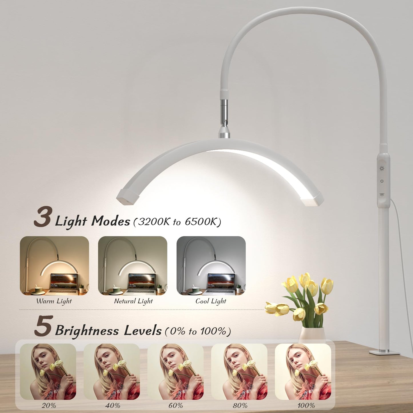 Mznoo Half Moon Light with Clamp, LED Manicure Table Lamp, Desk Lamp for Nail Desk, Eyelash Extensions, Skincare and Tattoo, 5 Brightness Levels and 5 Color Modes, Remote Control (White)