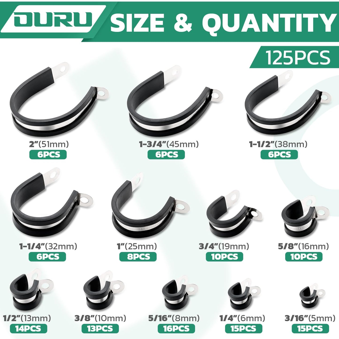 OURU 125PCS Cable Clamp,12 Sizes Stainless Steel Rubber Coated Cushioned Insulated Cable Clamps Assortment Kit-Metal Wire Clamps,Cable Clips,Pipe Clamps