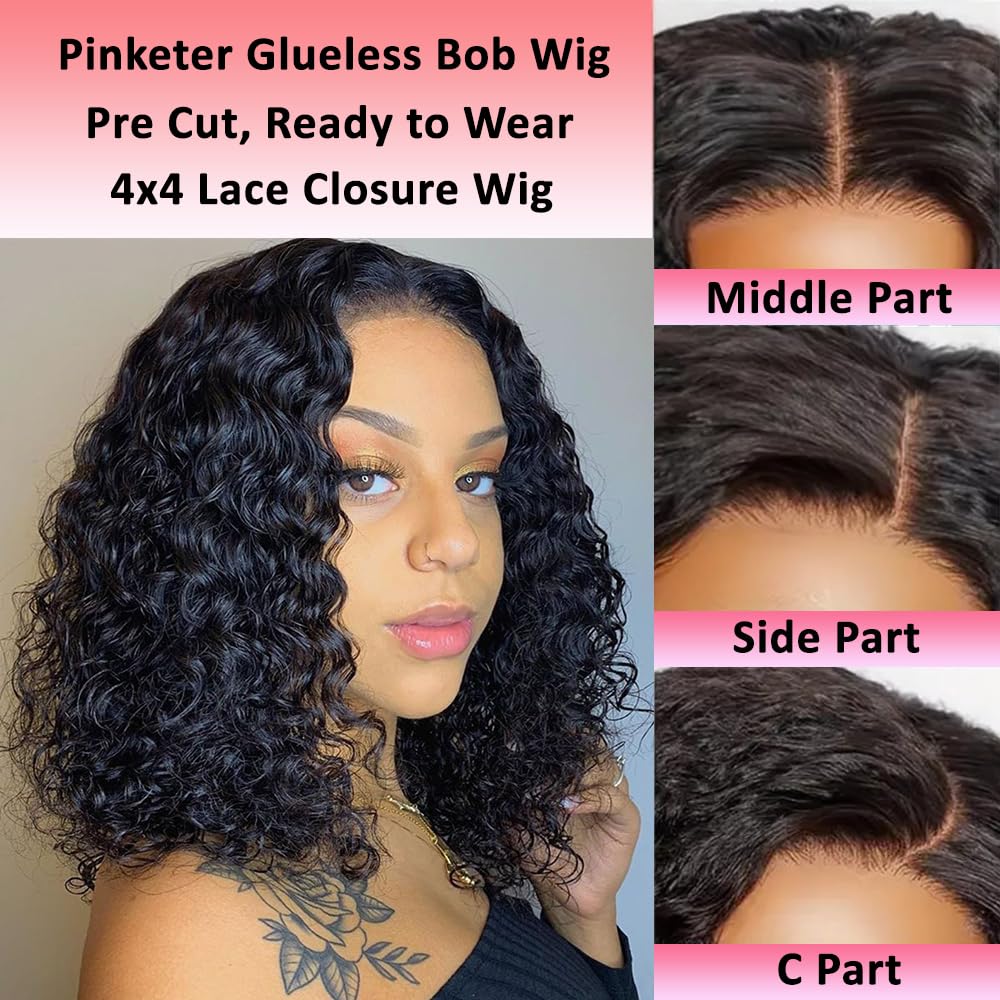 Wear and Go Bob Wig Human Hair Deep Wave Glueless Wigs Pre Plucked Pre Cut 4x4 Lace Closure 180% Density Ready to Wear Bob Wigs for Black Women Beginner Friendly (Curly Bob Wig, 12inch)