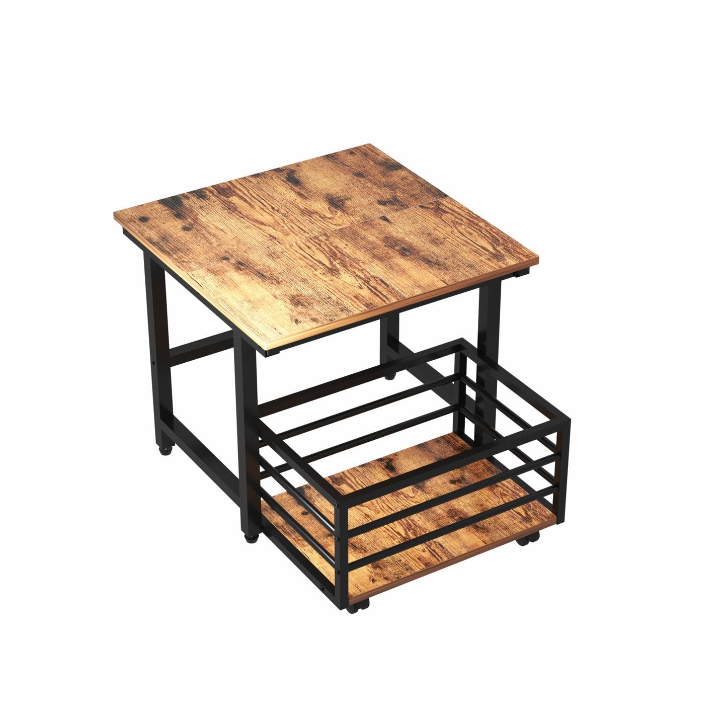 EYOCAL Mini Fridge Stand with Pull-Out Basket, 19.7" x 19.7" Large Tabletop Heavy Duty Stand with Adjustable Feet & Wheels, for Kitchen, Dorm, Office, Rustic Brown and Black