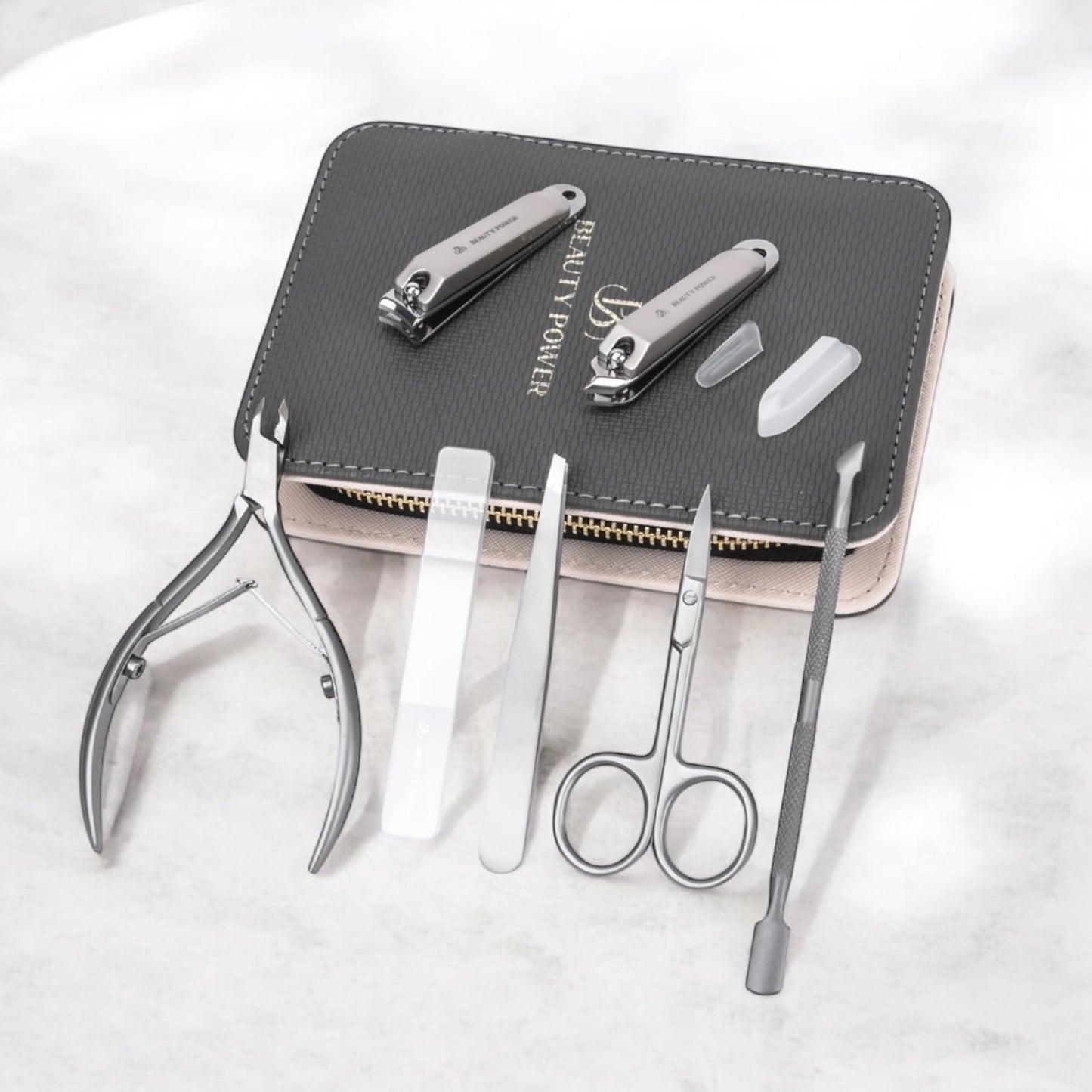 Beauty Power Manicure Pedicure Set 7-in-1 Stainless Steel, Ultra Sharp, Slanted Nail Clipper, Fingernail Clipper, Cuticle Nipper, Glass Nail File, Eyebrow Tweezers, Scissors, Case – Gift (Matte Grey)