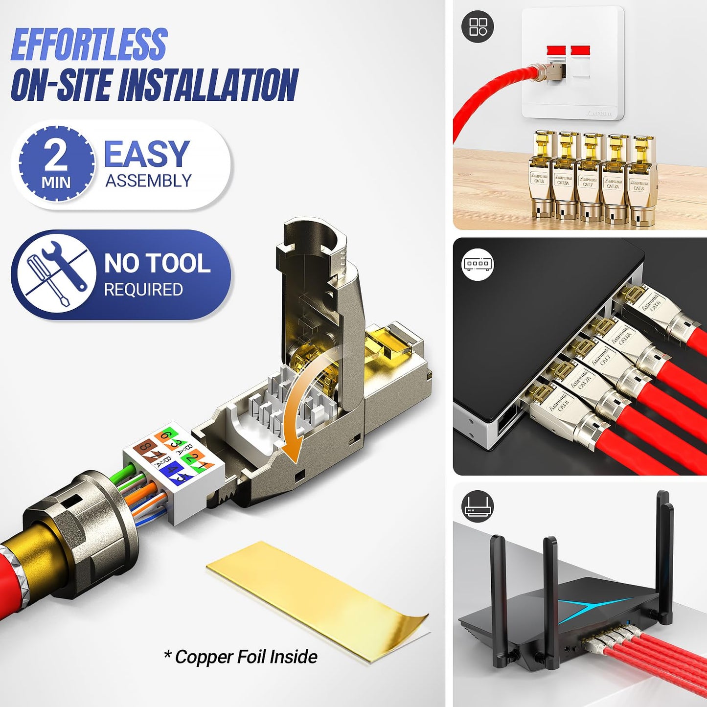AMPCOM STP CAT8 RJ45 Connector Zinc-Alloy Tool-Free Ethernet Field Termination Modular Plug -12 pack