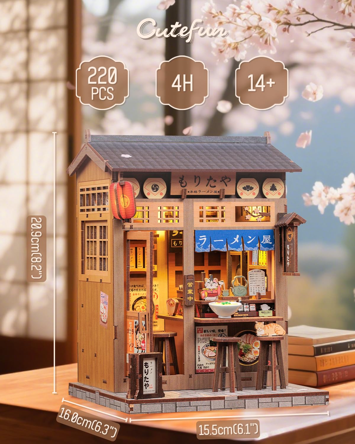 Cutefun Book Nook Kit - DIY Miniature House Kit for Adults, Japanese Tiny House Building Kit with LED, Dollhouse Kit Bookshelf Insert Decor Creative Gifts for Teens and Beginners (Morita Ramen)