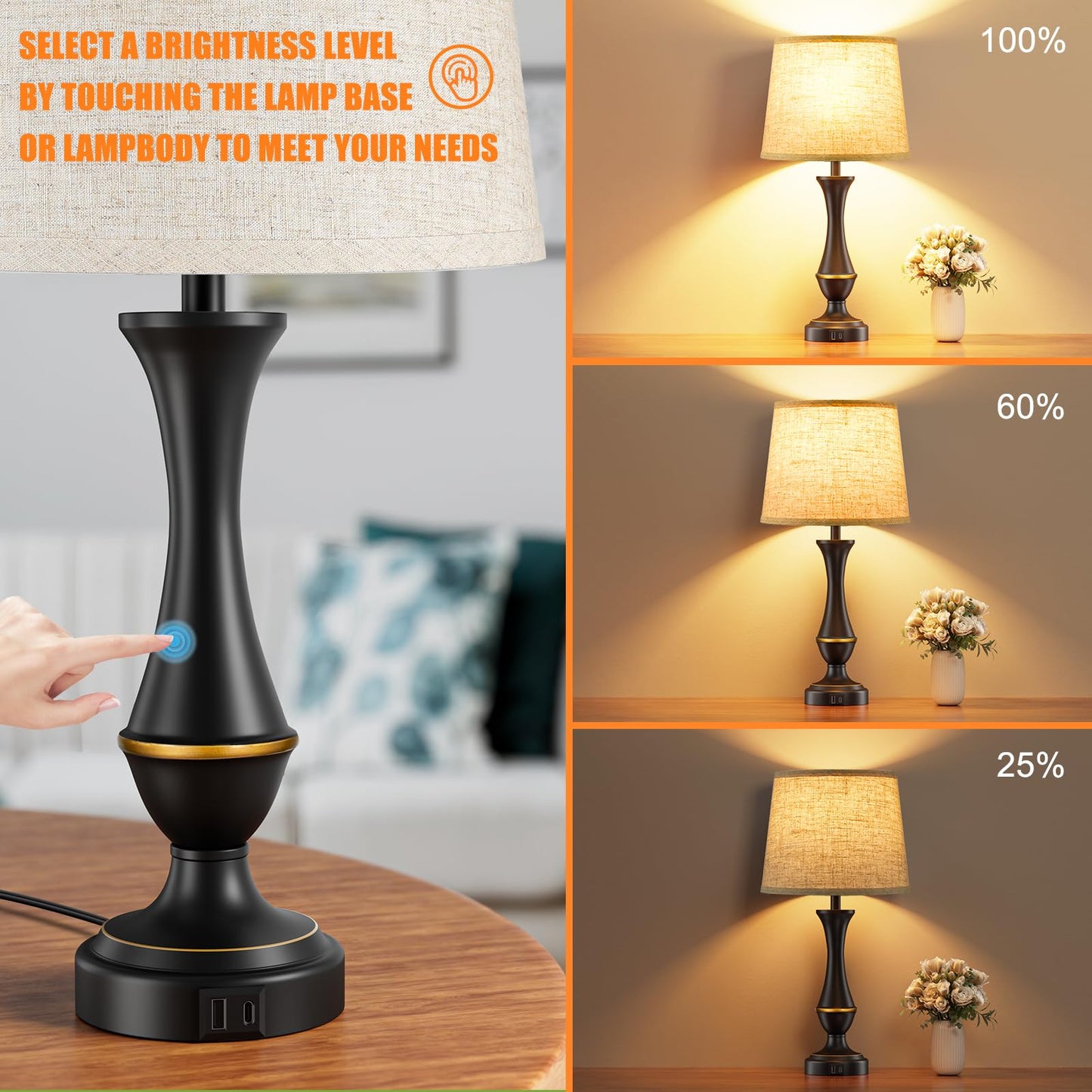 Upgraded Touch Lamps for Night Stands Set of 2 - Bedside Lamps with USB C+A, 3 Way Dimmable for Bedroom Living Room End Tables Office