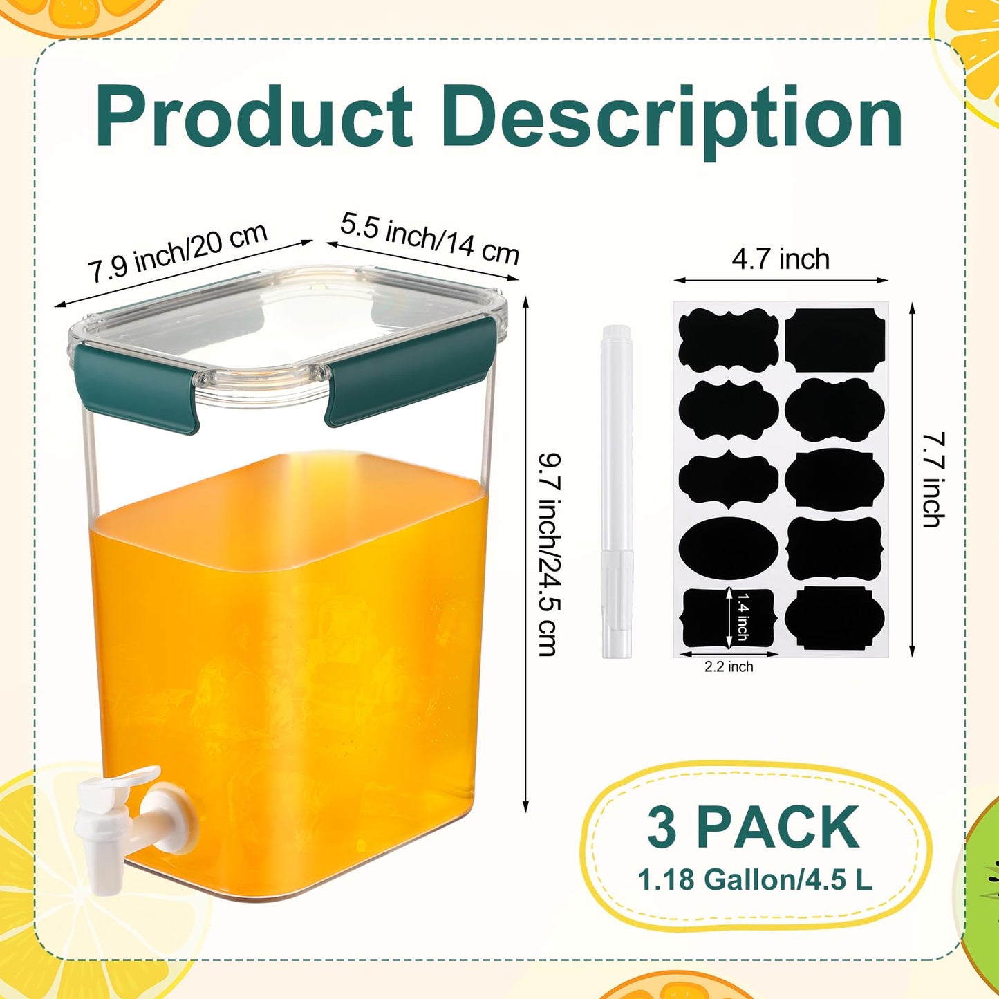 Mumufy 3 Set Plastic Drink Dispensers for Parties Beverage Dispenser for Fridge with Spigot Iced Juice Lemonade Container with Labels and Pens Summer Party Supplies(1.2 Gallon,Green)