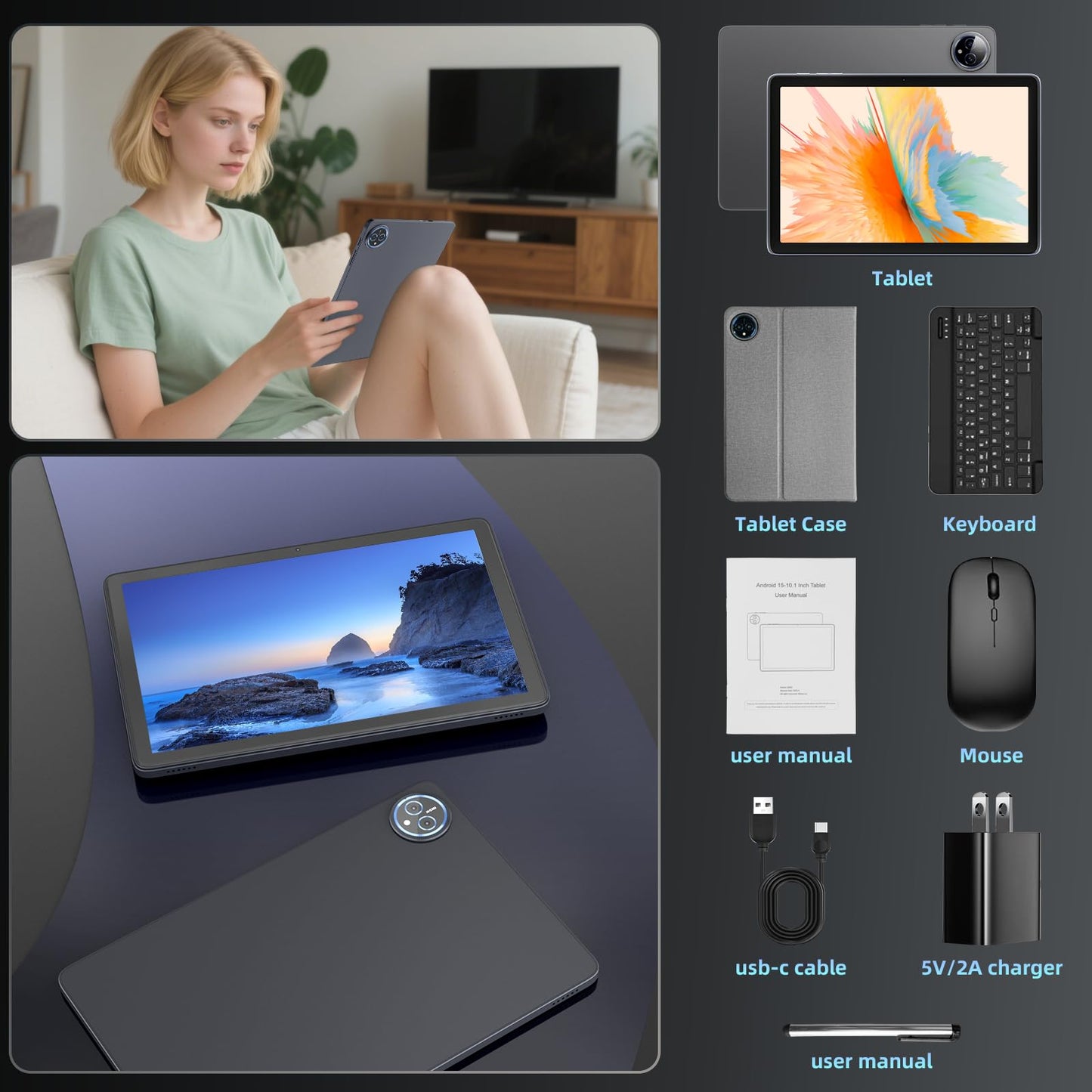Android 15 Tablet 10 inch,24GB RAM 128 ROM,Tablets with Keyboard Case Mouse Stylus,1TB Expandable,Octa-Core 6000mAh 1280x800 IPS HD,5G WiFi,T615 CPU,High Performance,Processor,Dual Camera(Gray)