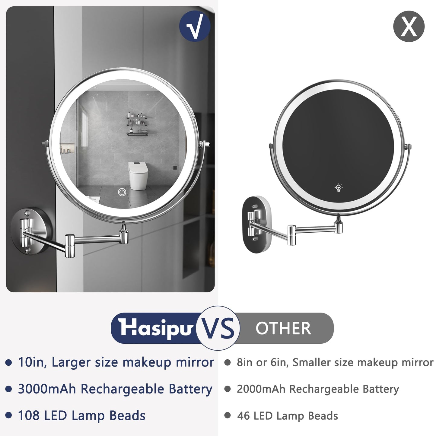 Hasipu 10-Inch Wall Mounted Makeup Mirror with Magnification, Rechargeable 3000 mAh Vanity Mirror with Lights, Bathroom Mirror with Dimmable Brightness, 3 Lighting Modes, Extendable Arm, Chrome