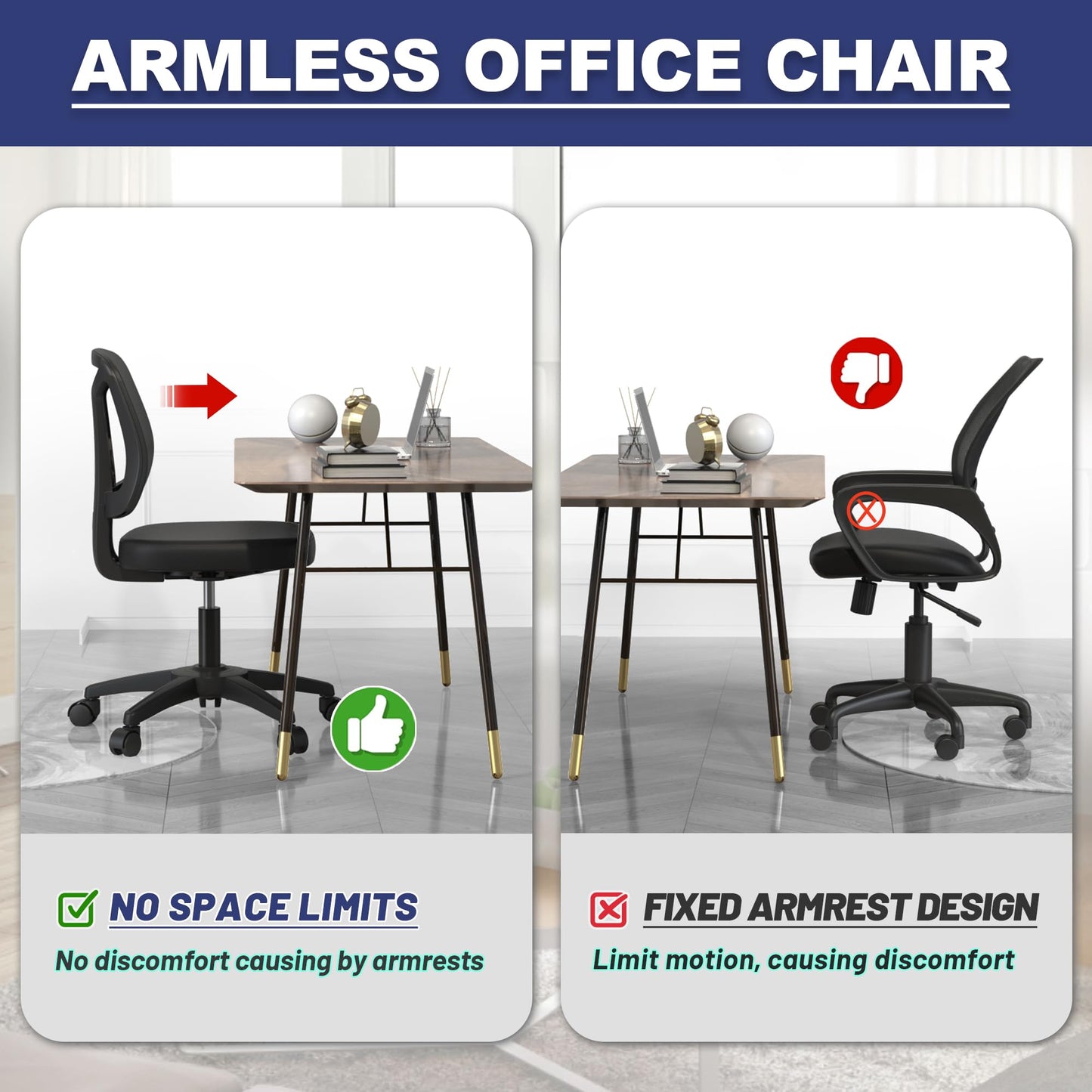 Armless Office Desk Chair No Arms with Back Support Rolling Wheels for Home Study Work