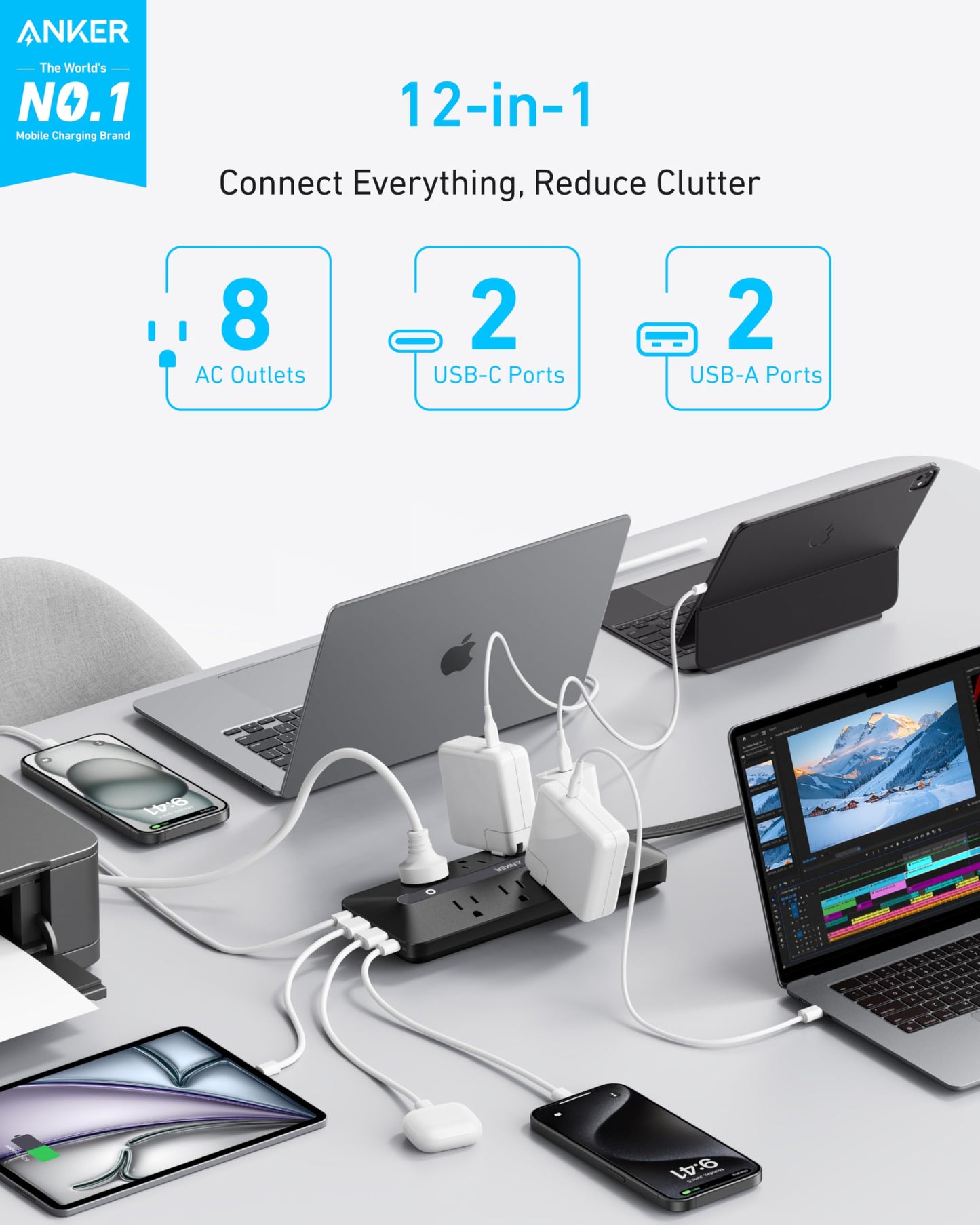 Anker Flat Plug Power Strip, 12-in-1 USB C Power Strip with 8 AC Outlets, 2 USB C, 2 USB A Ports, 5feet Extension Cord, Slim Desk Charging Station, 900J Surge Protection, 35W Max for Home, Office