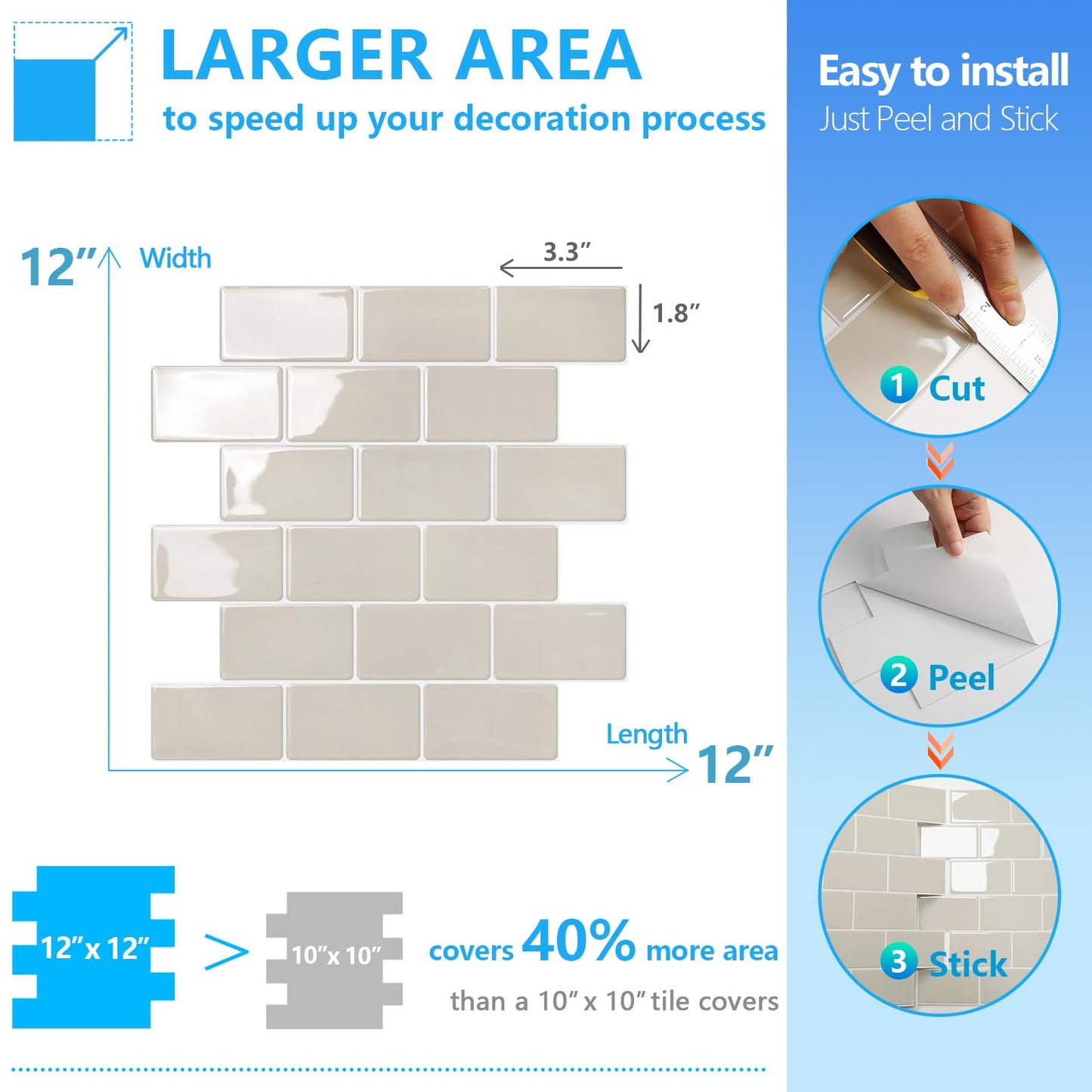 STICKGOO Subway Tile Peel and Stick Backsplash, Thicker Design 12" x 12" Stick on Backsplash Tiles for Kitchen, Bathroom, Wall Tile (10 Sheets, Light Gray Beige)