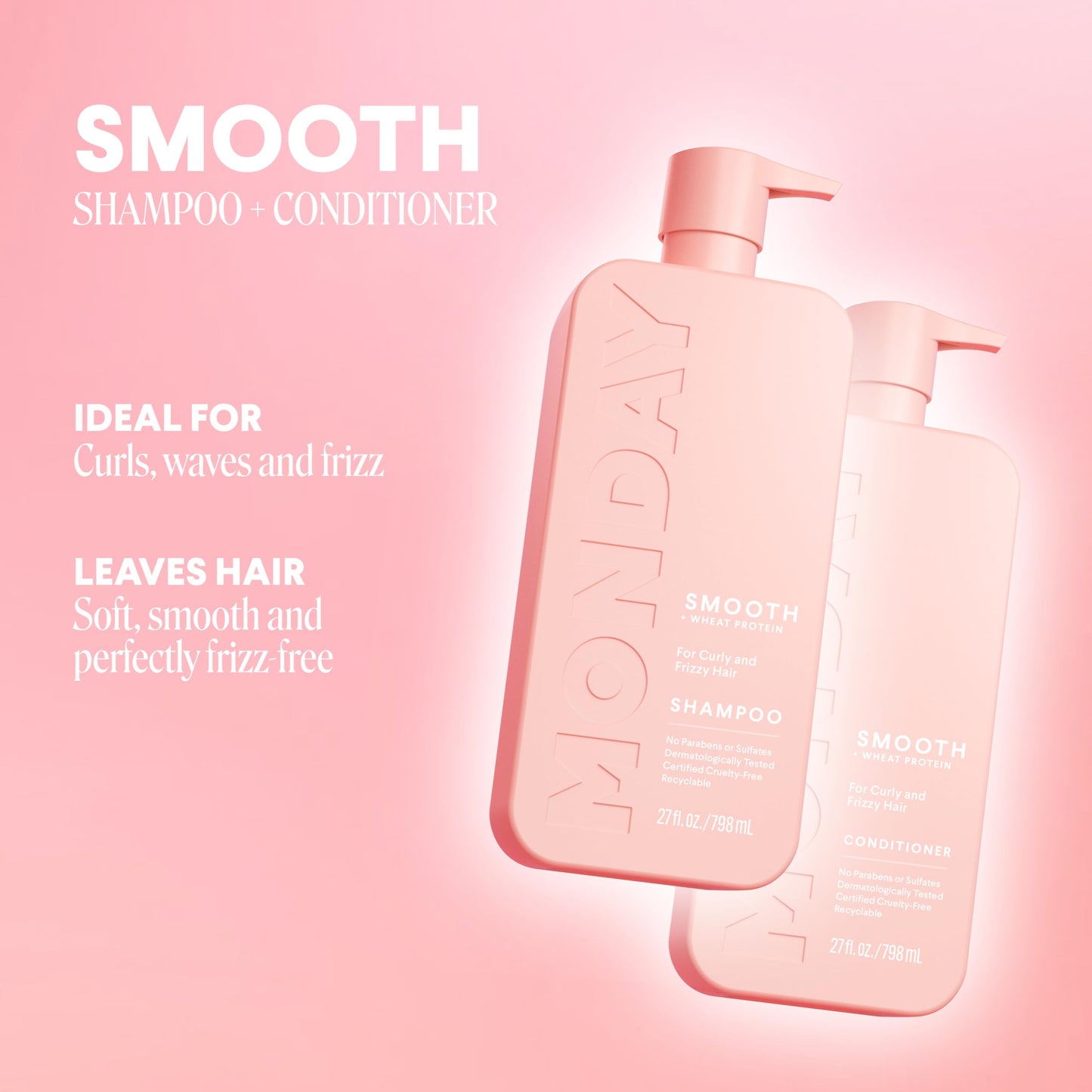 MONDAY HAIRCARE Smooth Shampoo + Conditioner Bathroom Set (2 Pack) 27oz Each for Frizzy, Coarse, and Curly Hair, Made from Coconut Oil, Shea Butter, & Vitamin E, 100% Recyclable Bottles