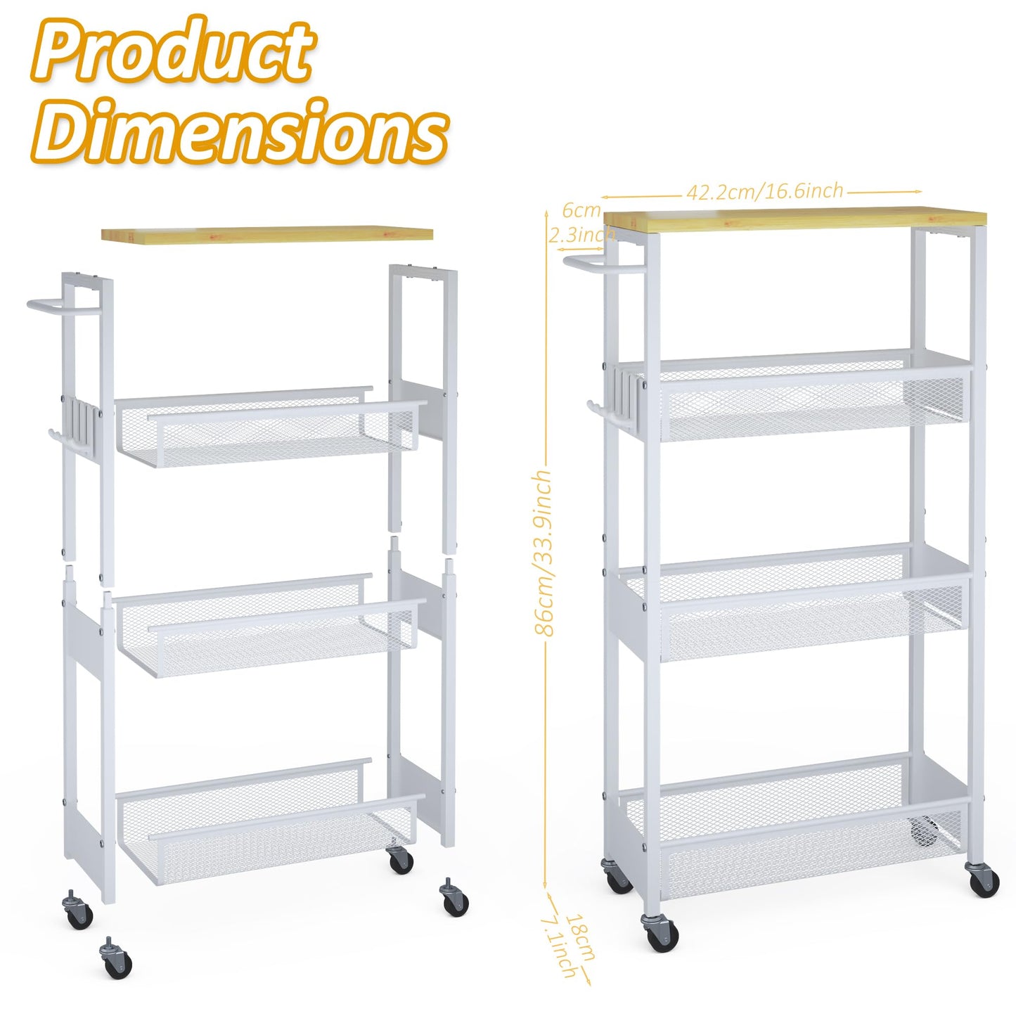 7.1" Wide Slim Storage Cart on Wheels, 4 Tier Metal Narrow Rolling Cart with Handle and Wood Top, Multifunctional Small Mobile Shelf Unit Organizer Trolley for Laundry, Bathroom, Kitchen
