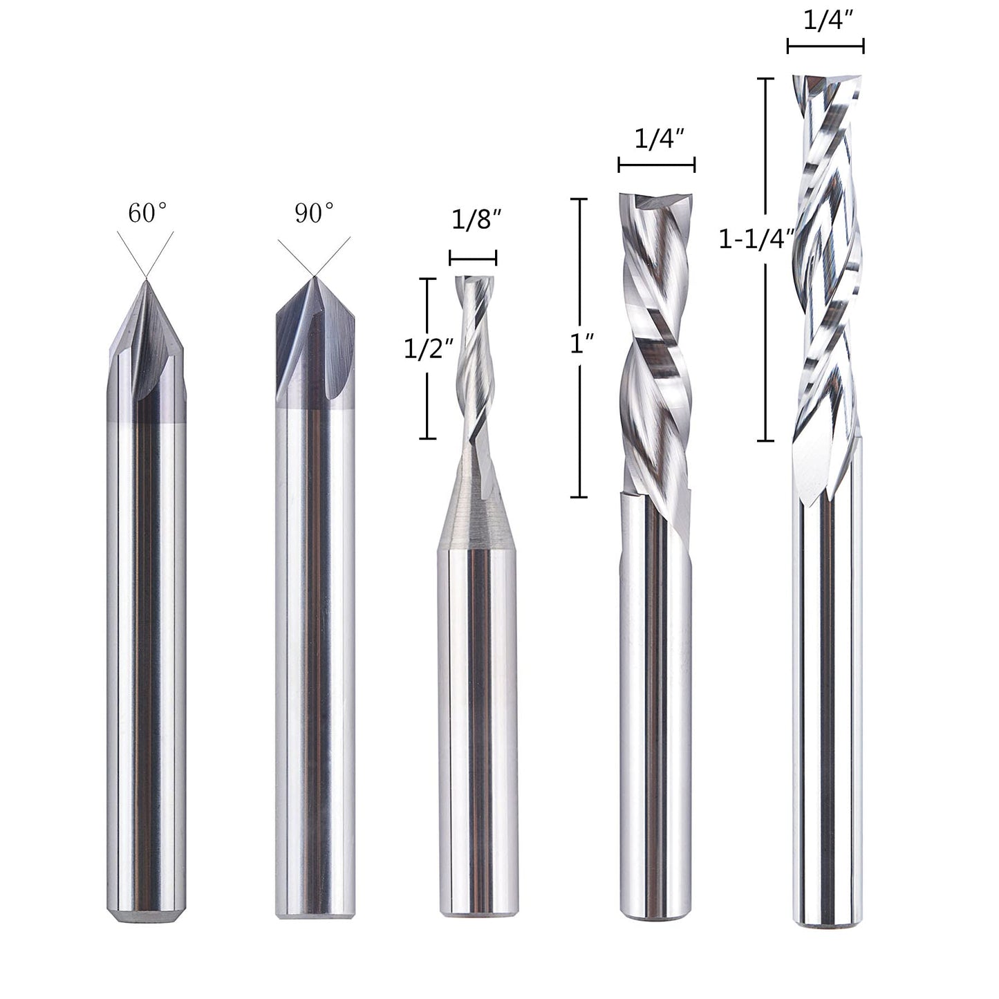 SpeTool 5 Pcs CNC Router Bit Sets Cabide Bit 1/4 Inch Shank Up Down Cut V Groove for Woodwork Beginner Engraving Slot