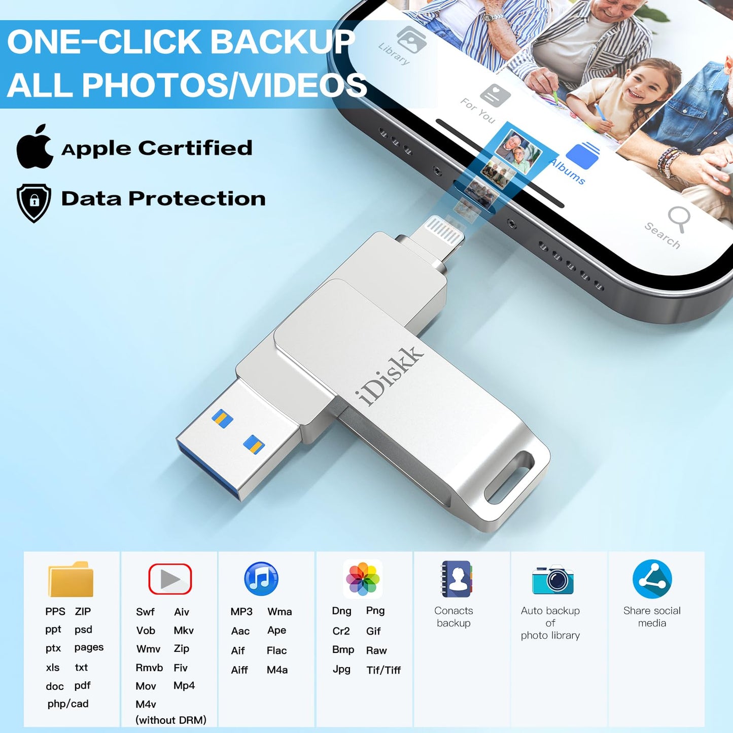 APP-LE Mfi Certified 128GB iDiskk iPhone Flash Drive for Photos and Videos Photo Stick iPhone Flashdrive USB Storage iPad iPhone Photo Saver Memoty Mac,iPad,PC Thumb Drive Auto Backup