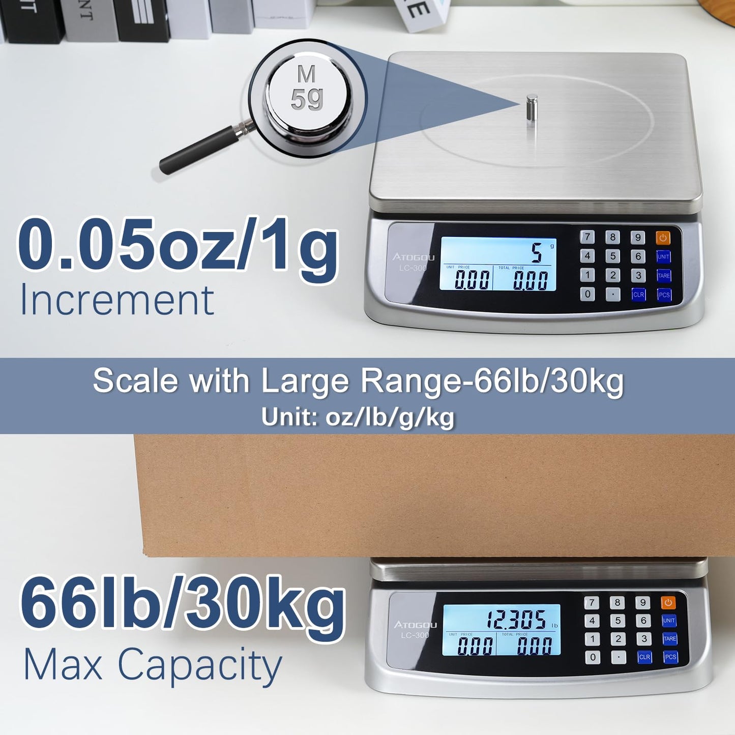 ATOGOU 66lb/30kg Commercial Large Digital Kitchen Scale 0.05oz/1g with Price Computing, 304 Stainless Steel Scale, AA Battery or Plug-in Use and LCD Display for Baking, Cooking, Counting Coins DT580