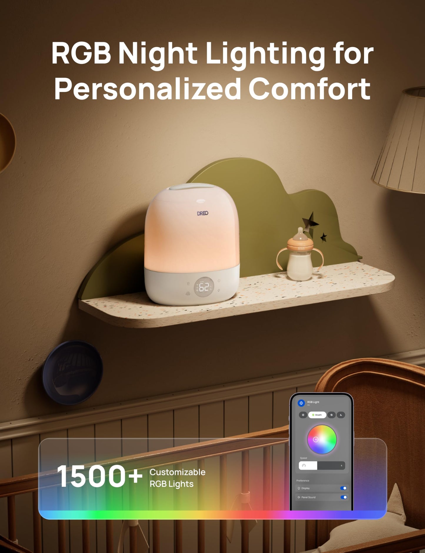 DREO Humidifiers for Bedroom - 30H Max Runtime & RGB Night Light & Sleep Trainer, Ultra Quiet 28dB Cool Mist Humidifier, Top Fill Smart Air Humidifier for Plants, Perfect for Baby & Nursery, HM409S