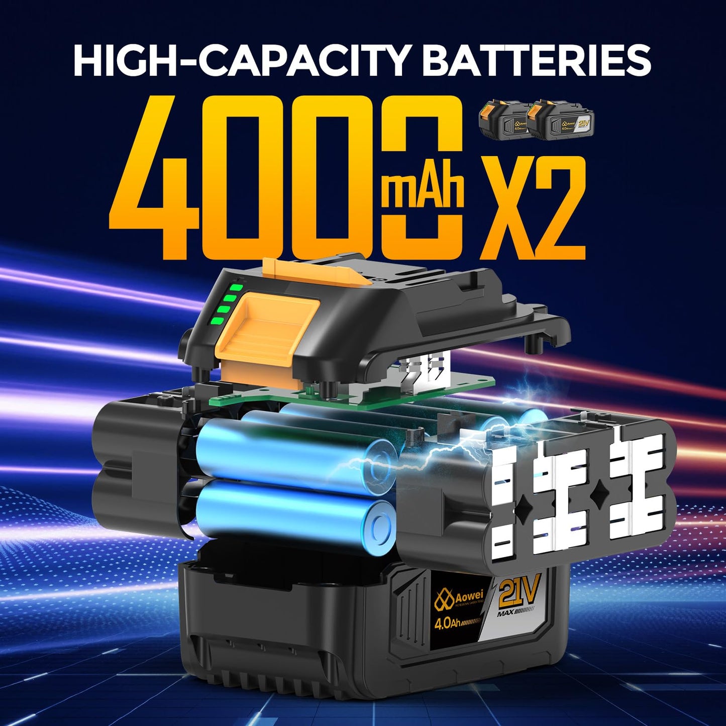 Aowei Brushless Cordless Angle Grinder, 21V Angle Grinder Toolbox Kit, with 2x4.0Ah lithium batteries and charger, yellow 4-1/2 inch grinder, suitable for cutting, grinding, polishing