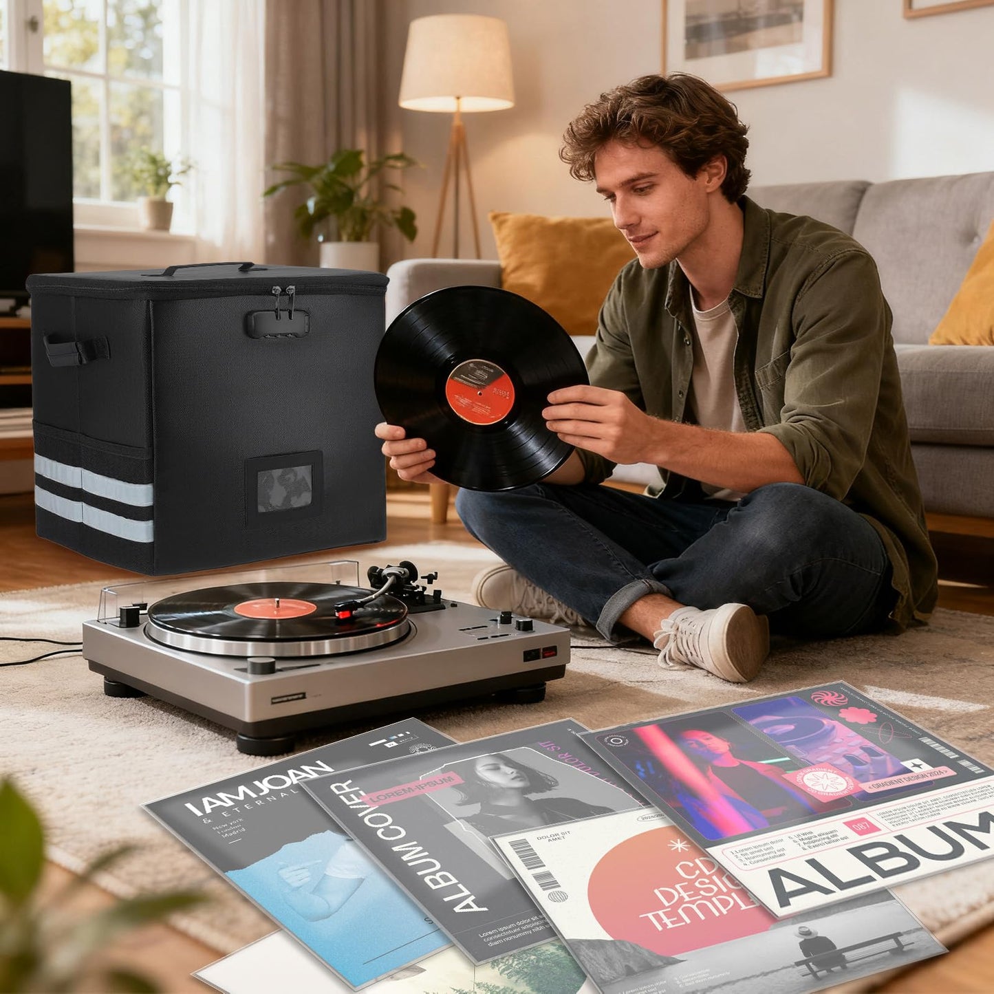 Vinyl Record Storage with 100 Record Sleeves, Fireproof & Water Resistant Record Organizer Box with Lock, Wrinkle-Free Vinyl Clear Sleeves Outer Protective Kits Covers 12.75" Albums 3 Mil Thick