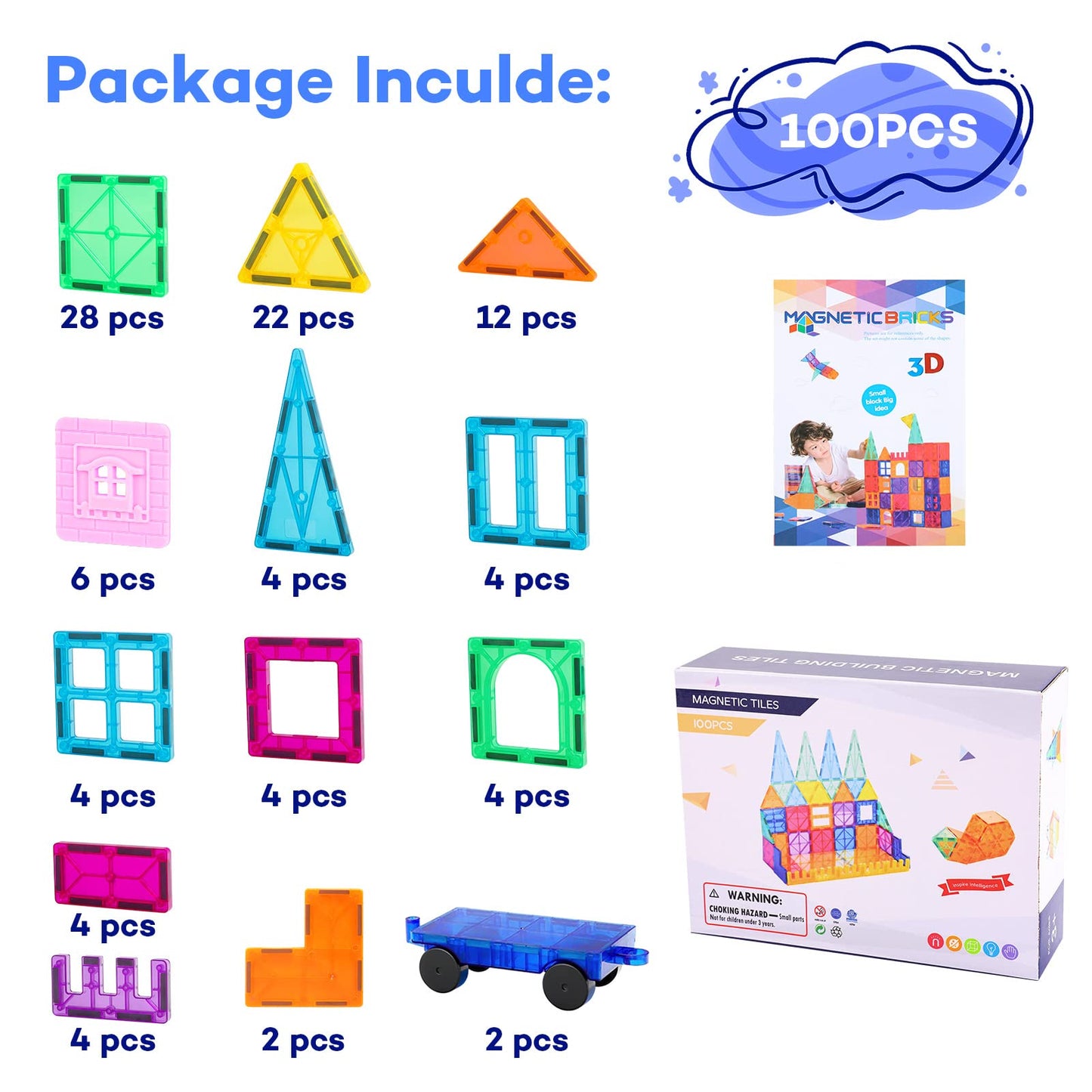 Anbalulu Magnetic Tiles 100PCS with 2 Cars, STEM Educational Building Blocks for Kids Ages 3-9, Magnet Construction Toys Gift for Toddlers