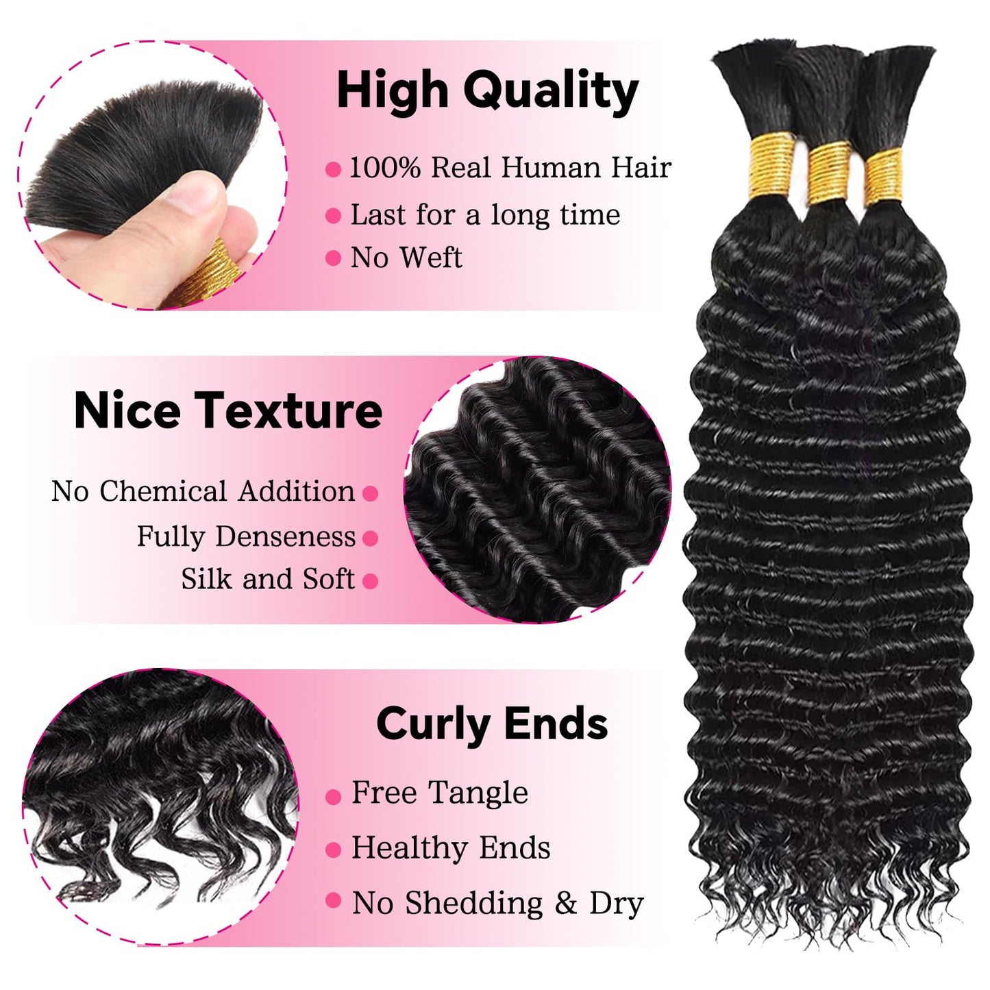 AKONSOUL 22 Inch Human Braiding Hair for Boho Braids Deep Wave Bulk Human Braiding Hair 100% Unprocessed Brazilian Virgin Human Hair for Braiding Bohemian No Weft 3 Bundles 110g Natural Color