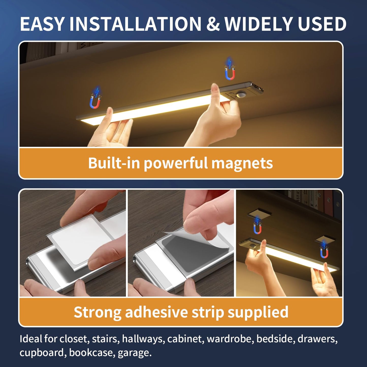 Under Cabinet Lights,76 LED Operated Motion Sensor Light Indoor,1500mAh USB Rechargeable Closet Lights, 6 Pack Magnetic Dimmable Closet Lights,Wireless Under Counter Lights for Kitchen, Stairs.