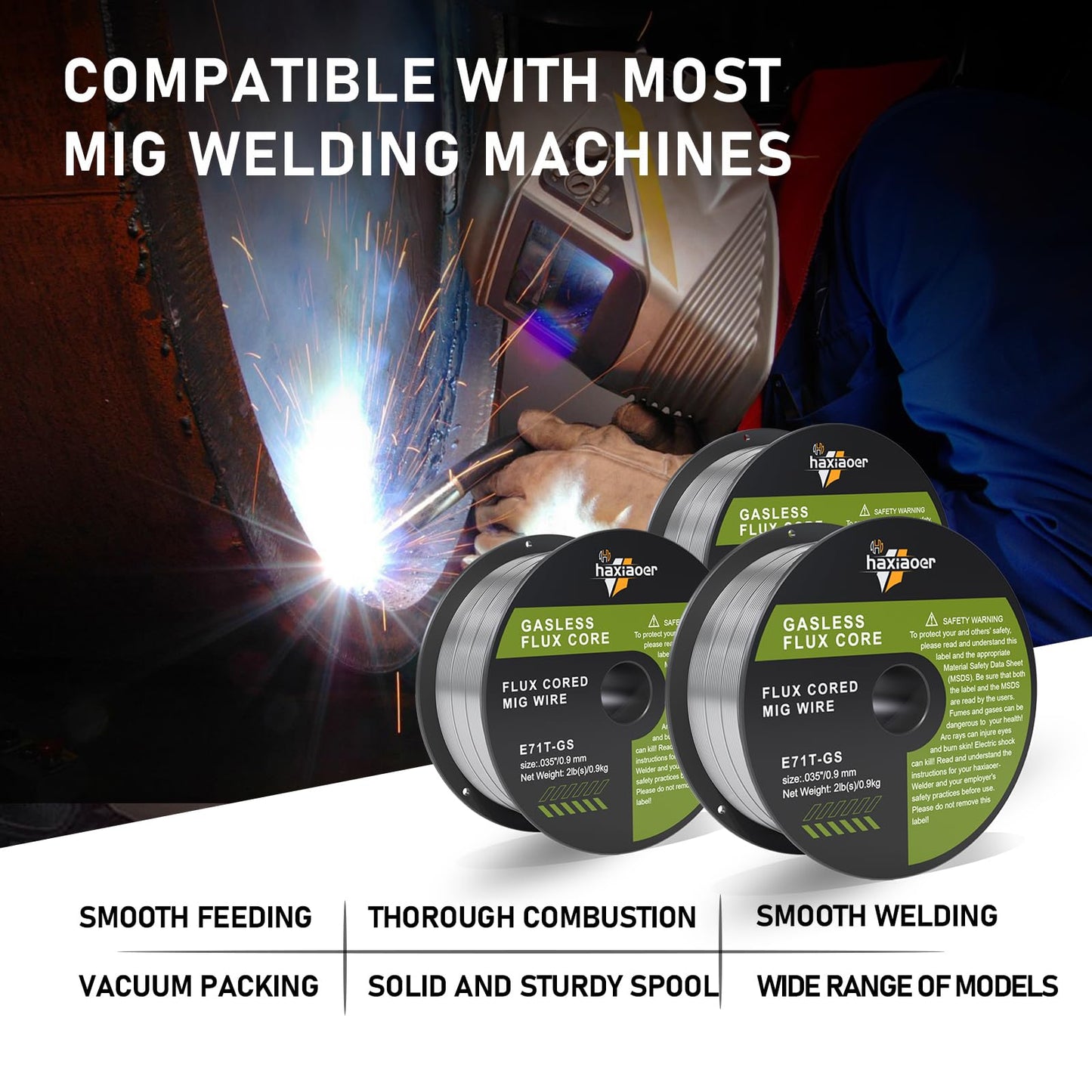 .035'' Flux Core Welding Wire, E71T-GS Gasless MIG Welding Wire 2 Pounds 3 Pack for All Position Arc Welding and Outdoor Use