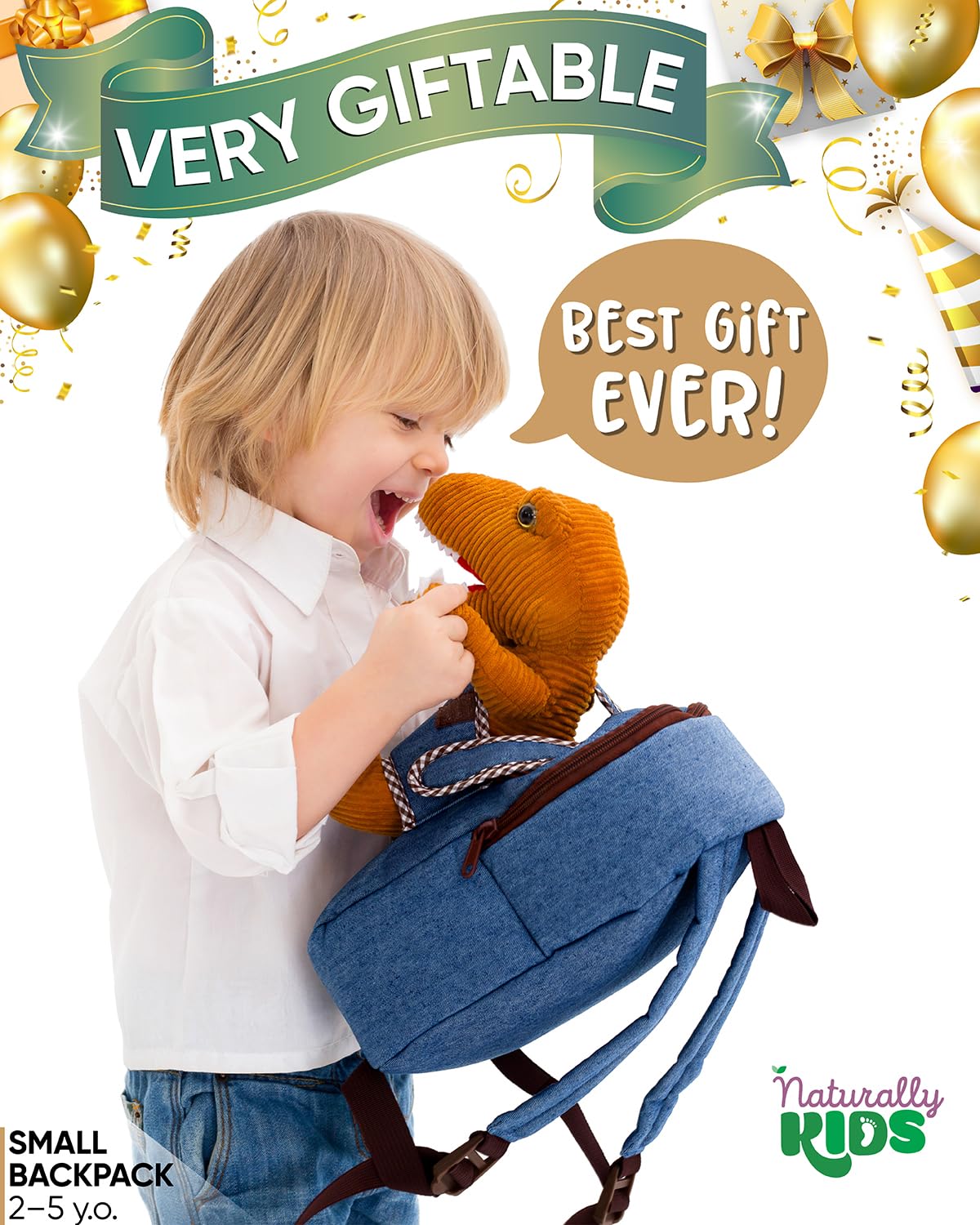 Naturally KIDS Toddler Backpack w Stuffed Animal Toy, Small Kids Backpacks for Grls Boys, Toddler Gifts, Dinosaur Toys