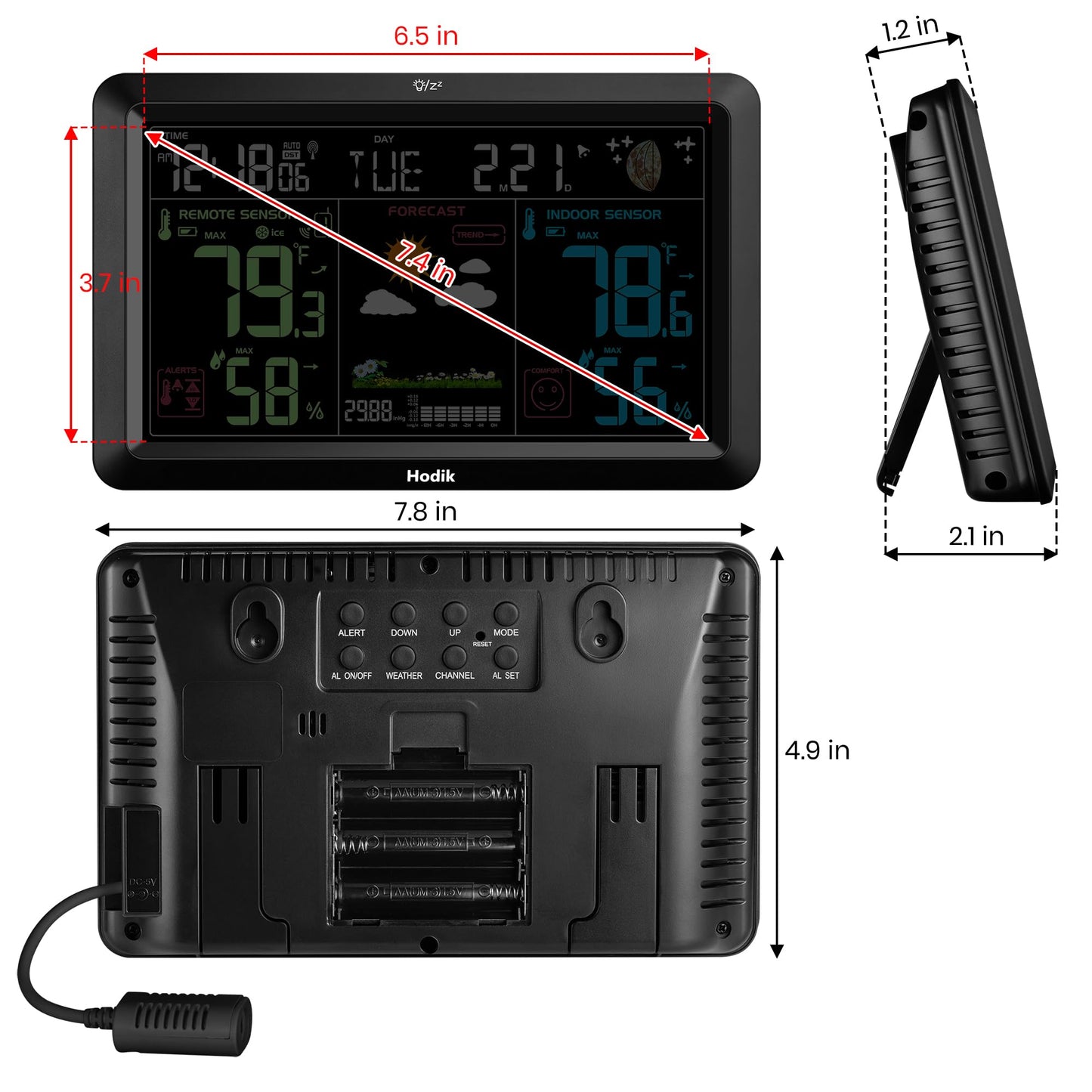 Weather Station Atomic Clock Indoor Outdoor Thermometer Wireless, Barometer Humidity Temperature Monitor Hygrometer with High Precision Sensor Black