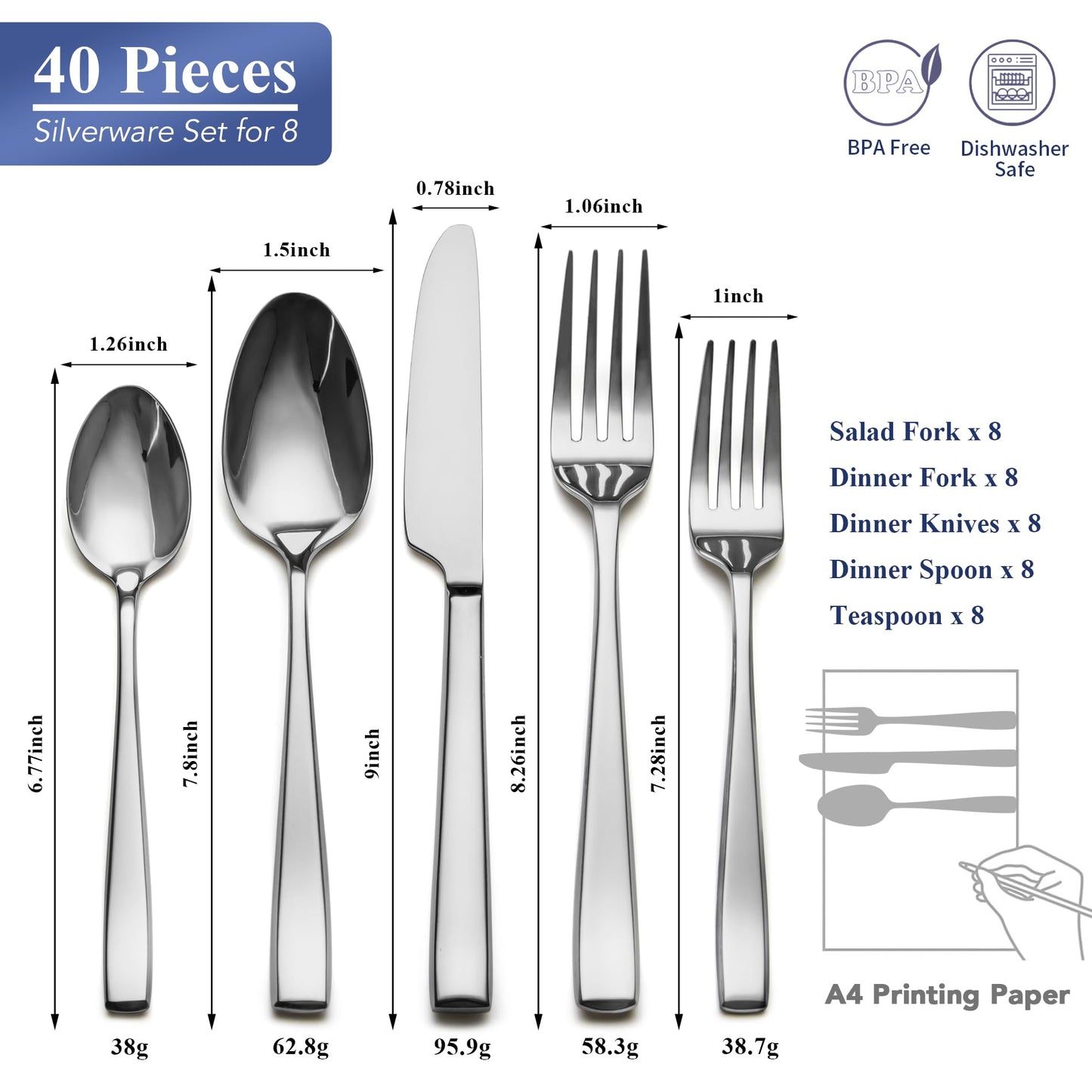 40 Piece Silverware Set Service for 8, EIUBUIE Premium Stainless Steel Cutlery Set, Mirror Polished Flatware Sets Heavy Duty and Solid, Modern Kitchen Eating Utensils Sets Include Spoons Forks Knives