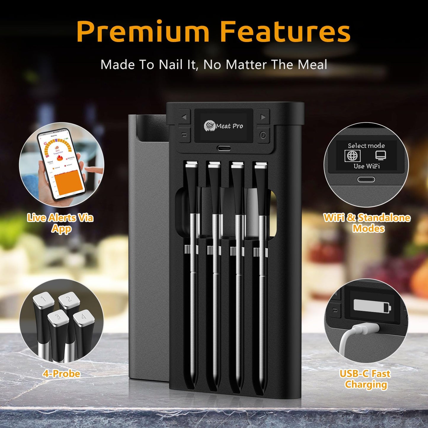 Yonktoo Meat Thermometer Digital Wireless, Long-Range BBQ Thermometer with 4 Probes, Dual Sensors for Perfect Grilling & Smoking - Black
