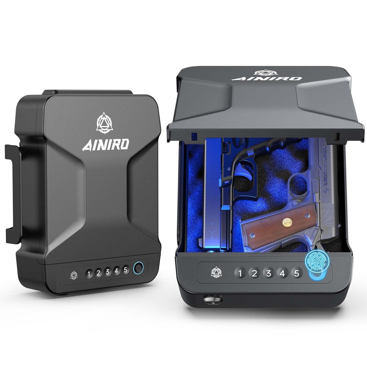 AINIRO Gun Safe for Handgun, Small Biometric Gun Safe with Built-in Handle Gun Lock Box for Pistols with Fingerprint, Keypad and Key Unlock Pistol Safe for Home, Car, Truck, Bedside Nightstand