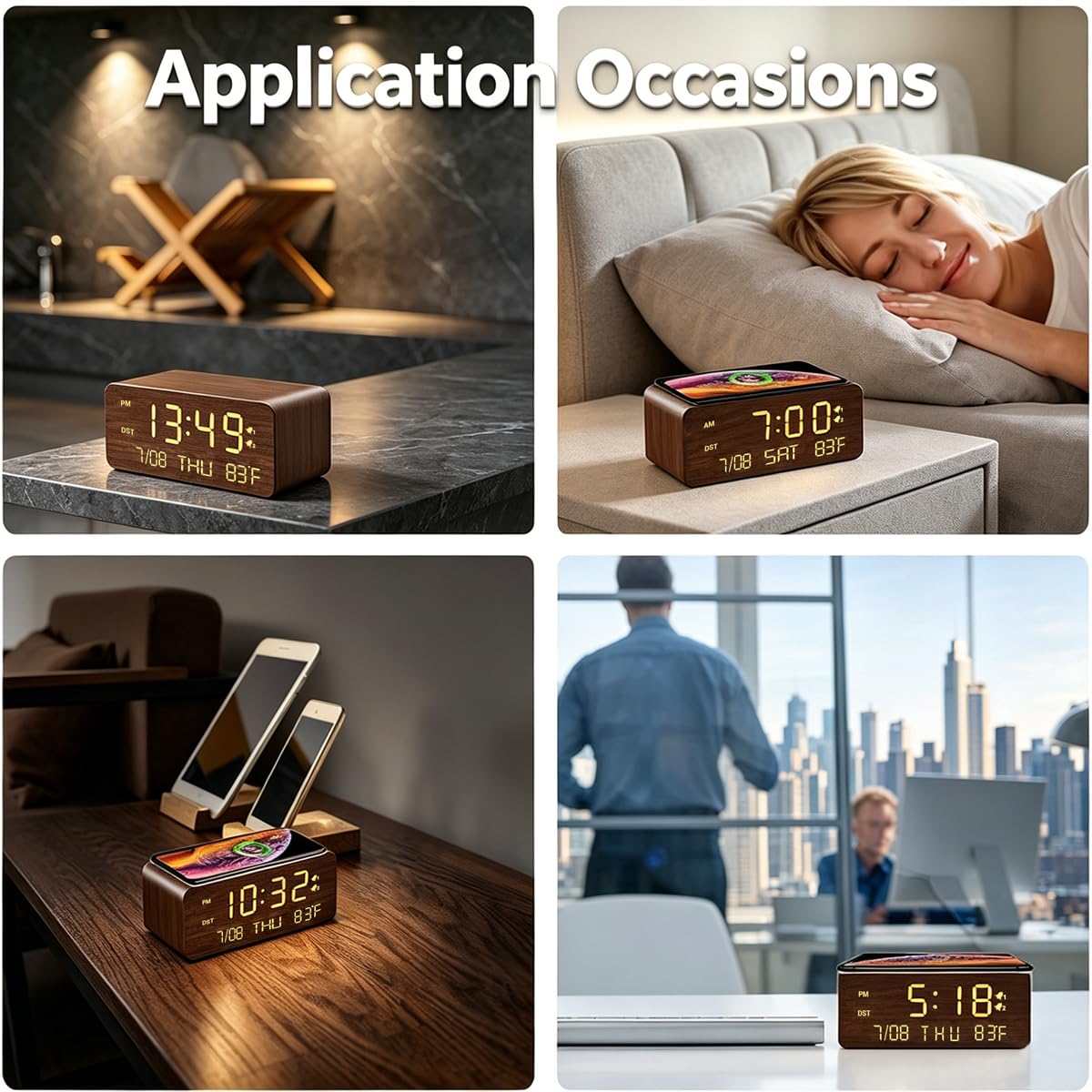 Andoolex Wooden Digital Alarm Clock with Wireless Charging, 0-100% Adjustable Brightness Dimmer and Alarm Volume, Weekday/Weekend Mode, Dual Alarm, Snooze, 12/24H, Wood LED Clock for Bedroom (Brown)