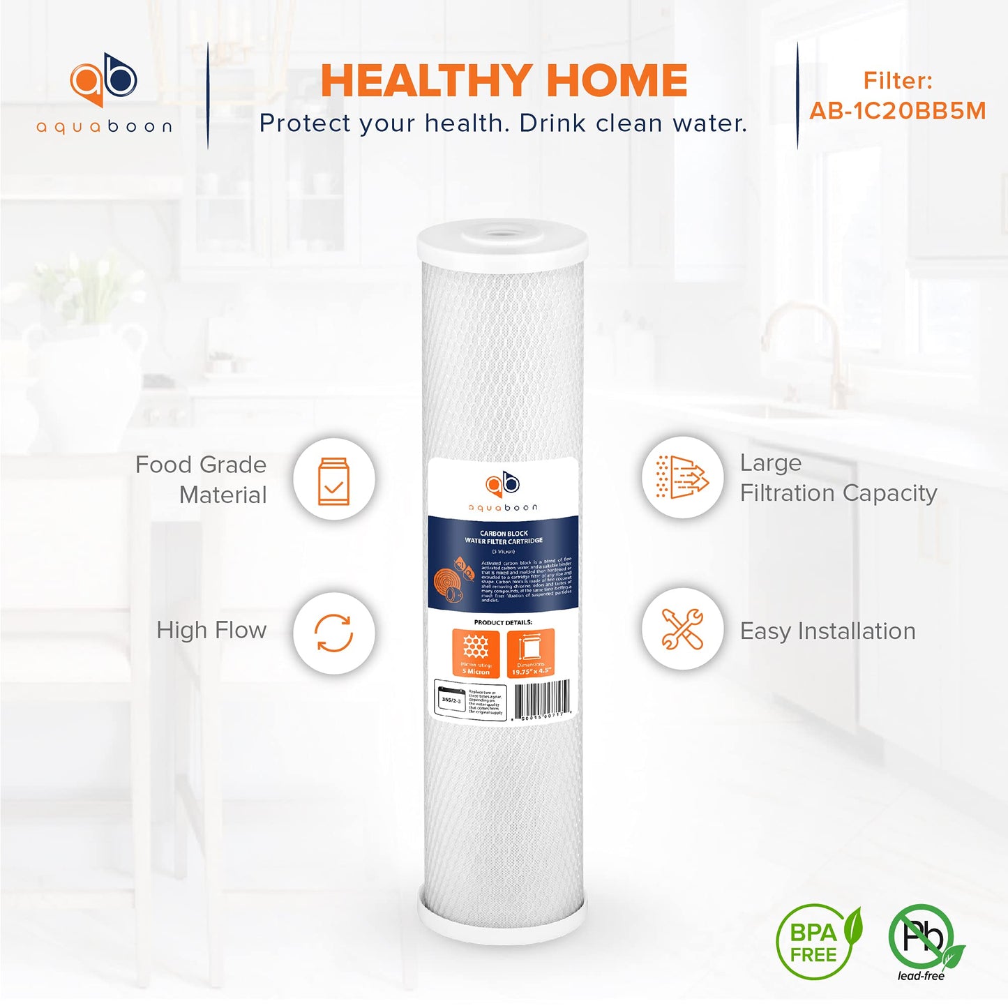 Aquaboon 4.5 x 20 Water Filter 5 Micron Carbon Block Water Filter Replacement Cartridge Large Capacity for Whole Home Water Filtration Compatible with Pelican Water PRL-RCL, Pentek EP-20BB (6 Pack)