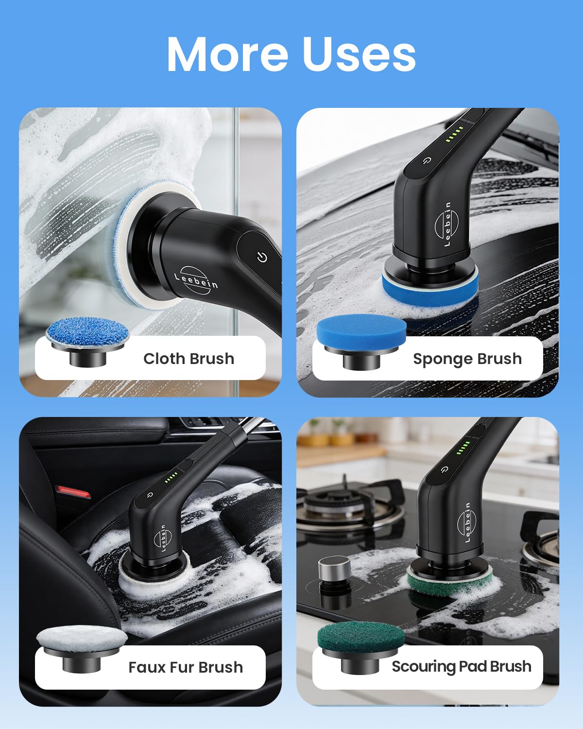 Leebein Electric Spin Scrubber, Cordless Cleaning Brush with 8 Replaceable Brush Heads, Tub and Floor Tile Power Scrubber Dual Speed with Adjustable & Detachable Handle for Bathroom Tub (All Black)