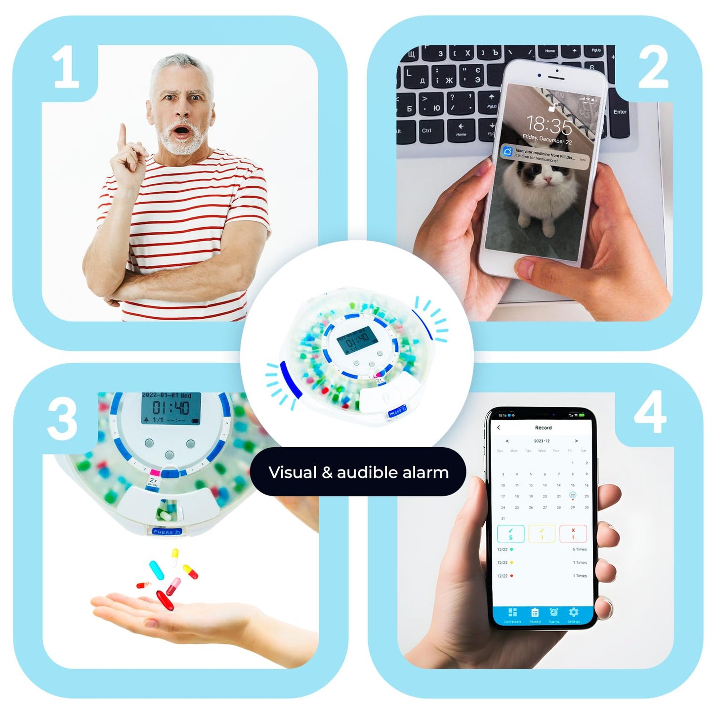 Adamson TimelyMed Smart Pill Dispenser with Alarm - WiFi App Monitoring - 28-Day Medicine Dispenser for Elderly & Alzheimer's Care - Automatic with Lock Key - New Version