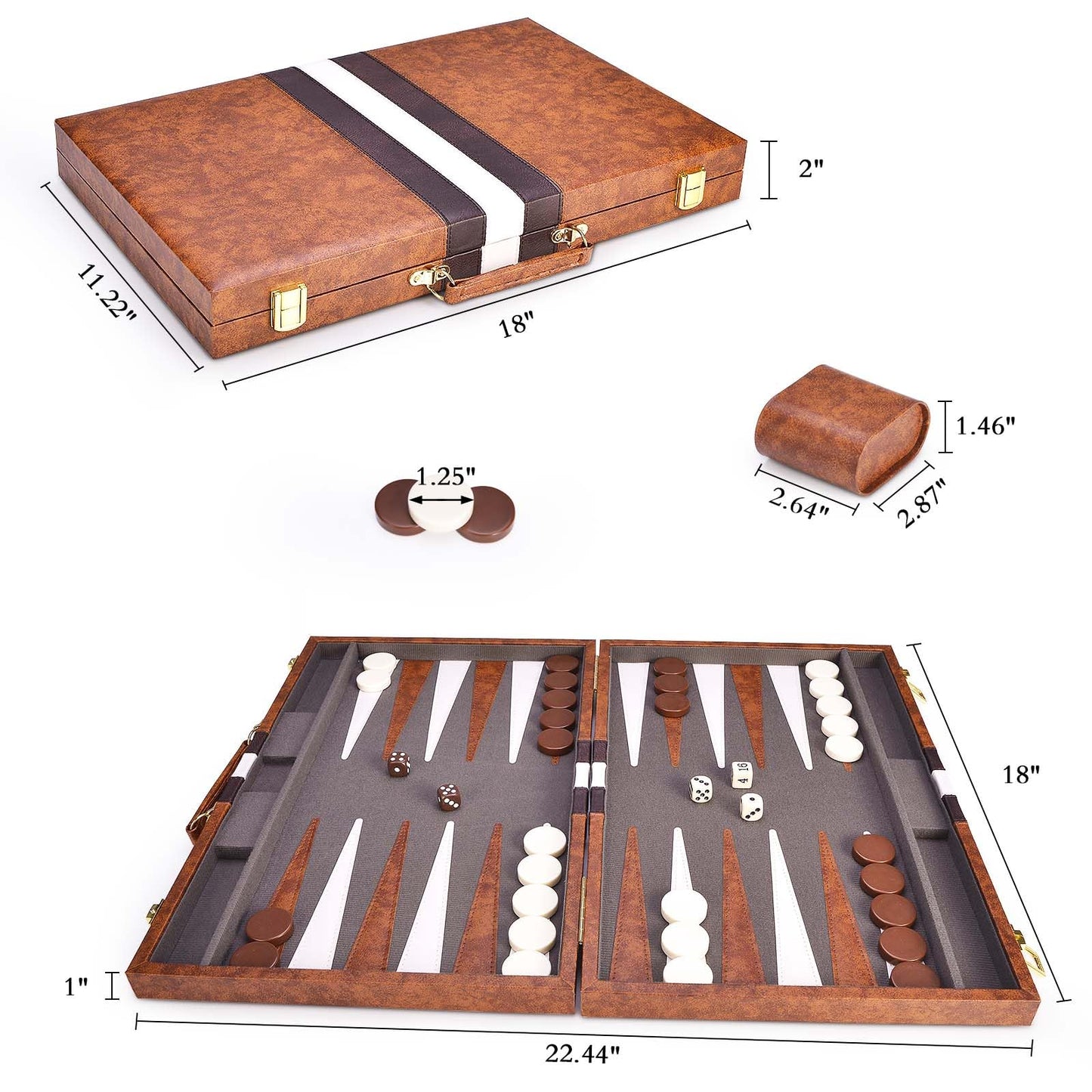 AMEROUS Backgammon Set, 18 Inches Classic Board Game withLeather Case, Folding Board, Gift Package, Portable Travel Strategy Backgammon Game Set for Adults, Kids (Large, Brown)