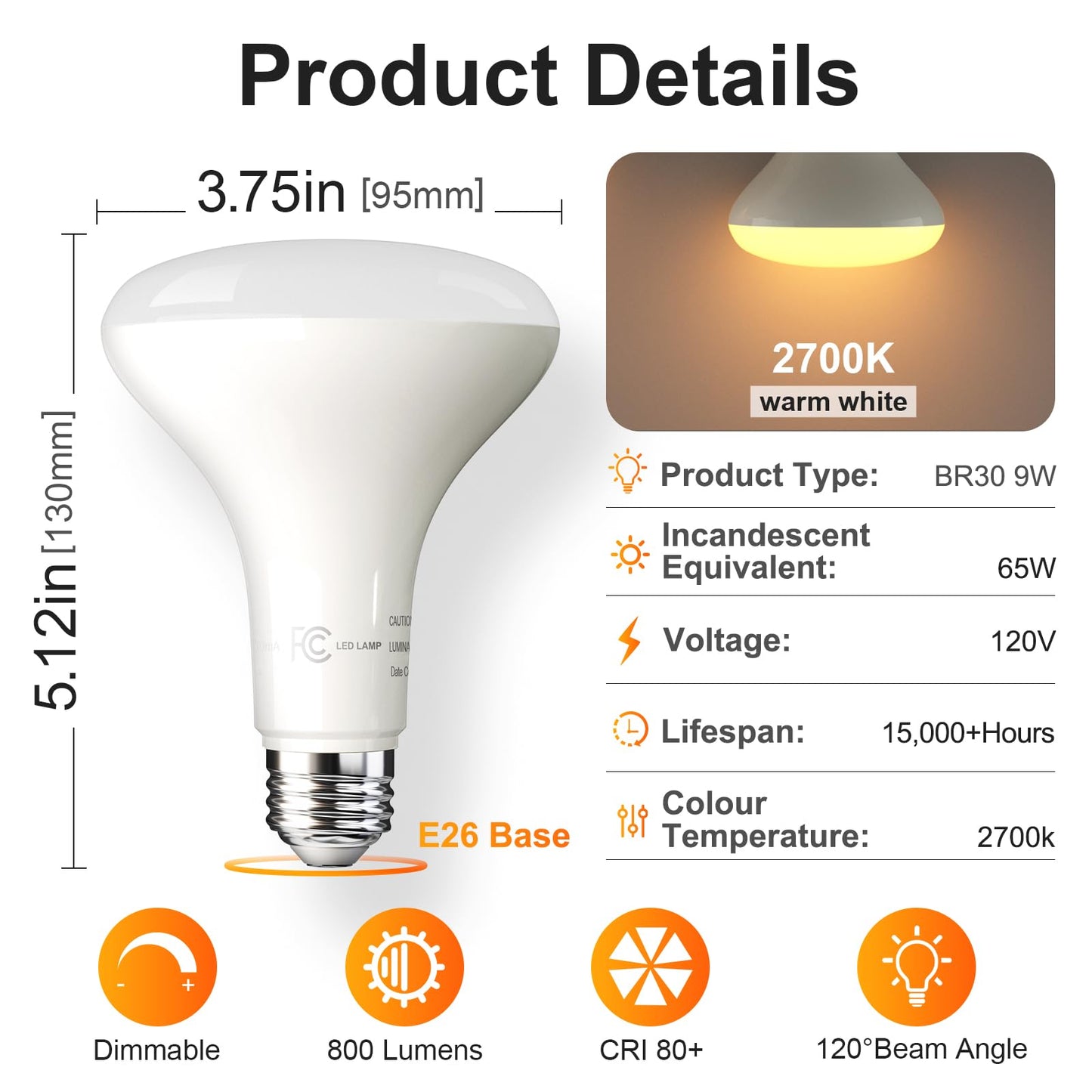 TJOY 24 Pack BR30 Led Bulb 65W Equivalent, Dimmable LED Flood Light Indoor, E26 Base, 2700K Soft White, 9W, 800 LM, Recessed Lighting Bulbs for Ceiling, Recessed Can, Living Room and Kitchen