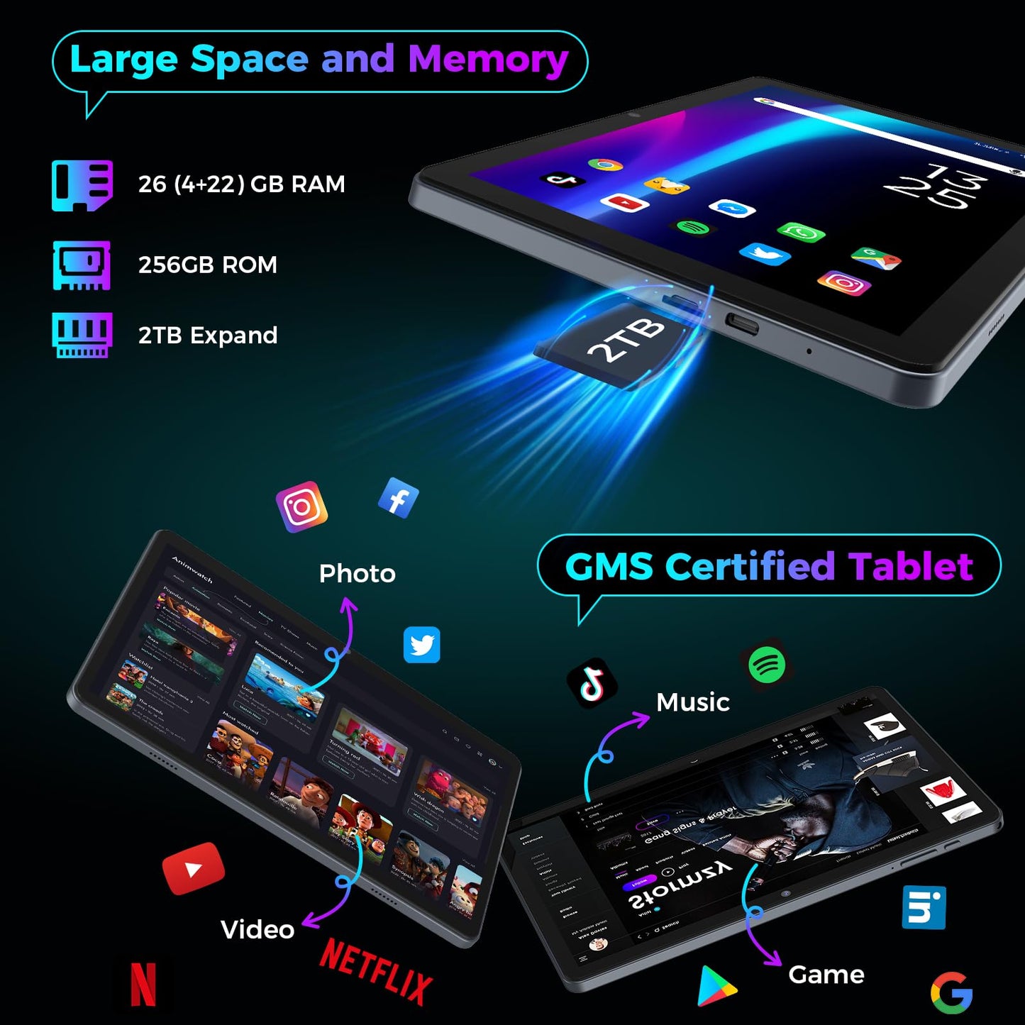 Android 15 Tablet with Keyboard, 26GB RAM, 256GB ROM(2TB Expand), 10.1 inch Octa-Core Tablets, 5G/2.4G WiFi, 8000mAh Battery, BT 5.0, GMS Certified, with Mouse, Case, Stylus, Split screen(Black Case)